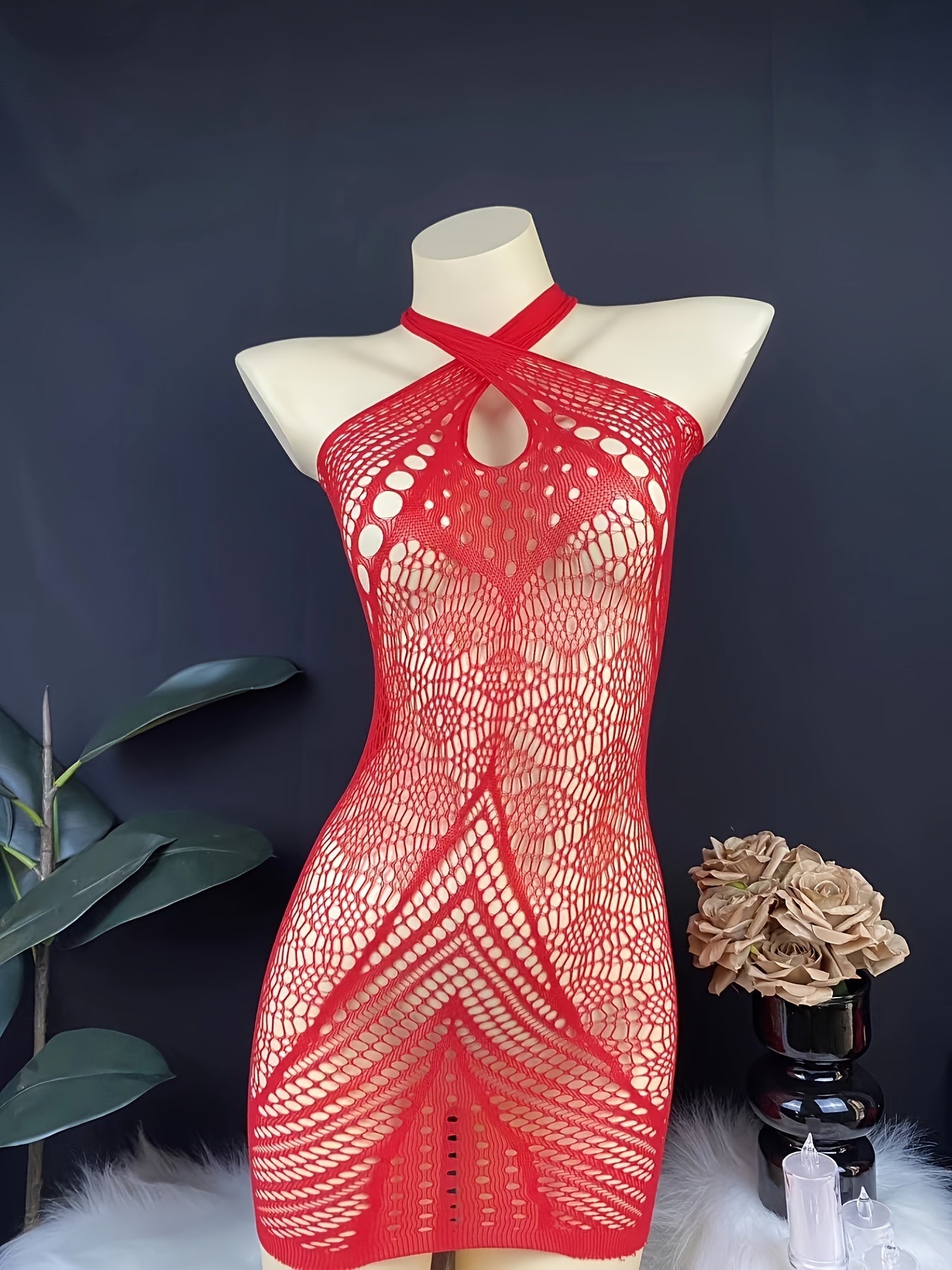 Red Lace Bodysuit with Sheer Mesh and Halter Neck for Nightclub Wear