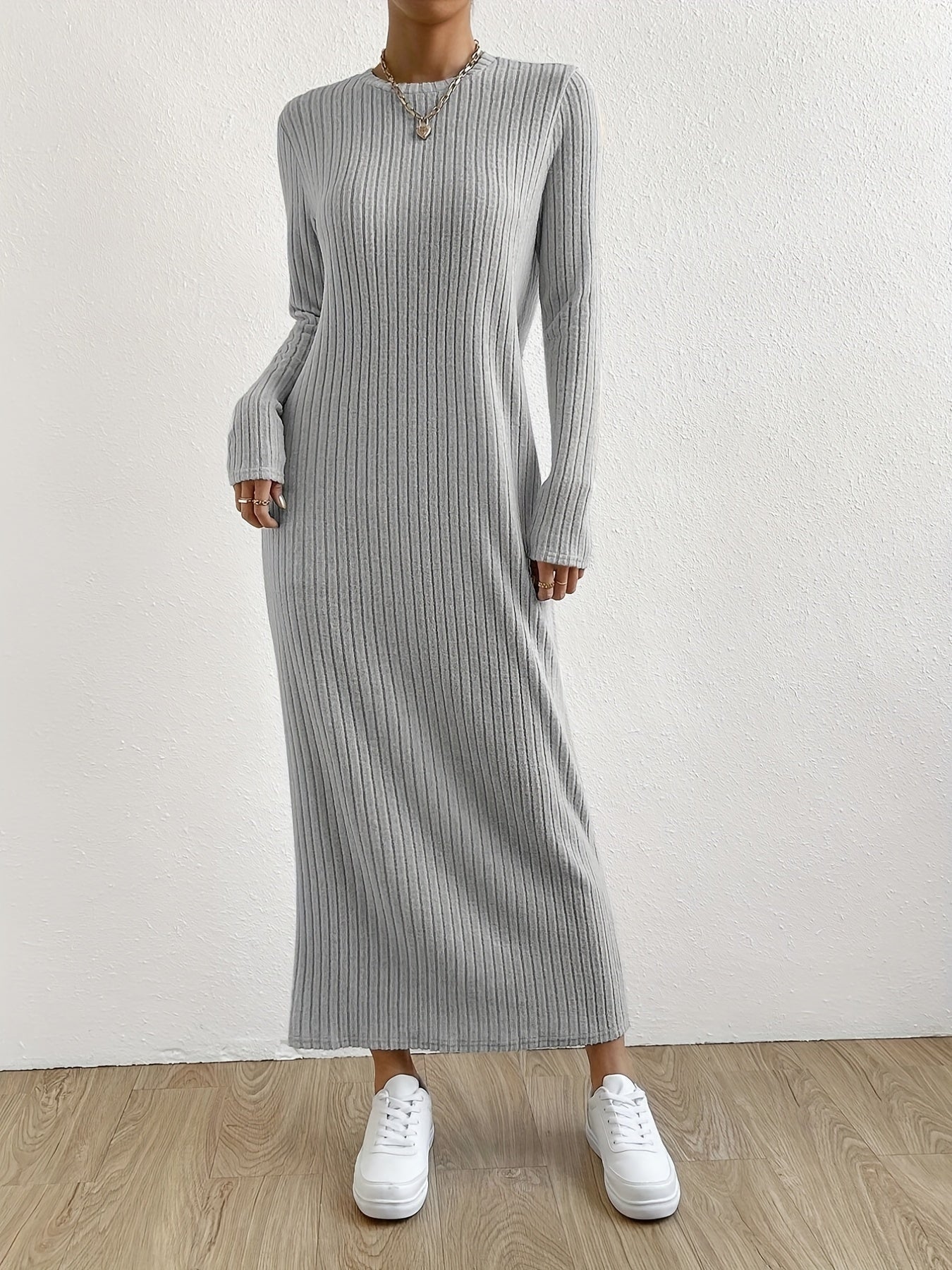 Women's Striped Knit T-Shirt Dress Long Sleeve Crew Neck Spring Fall