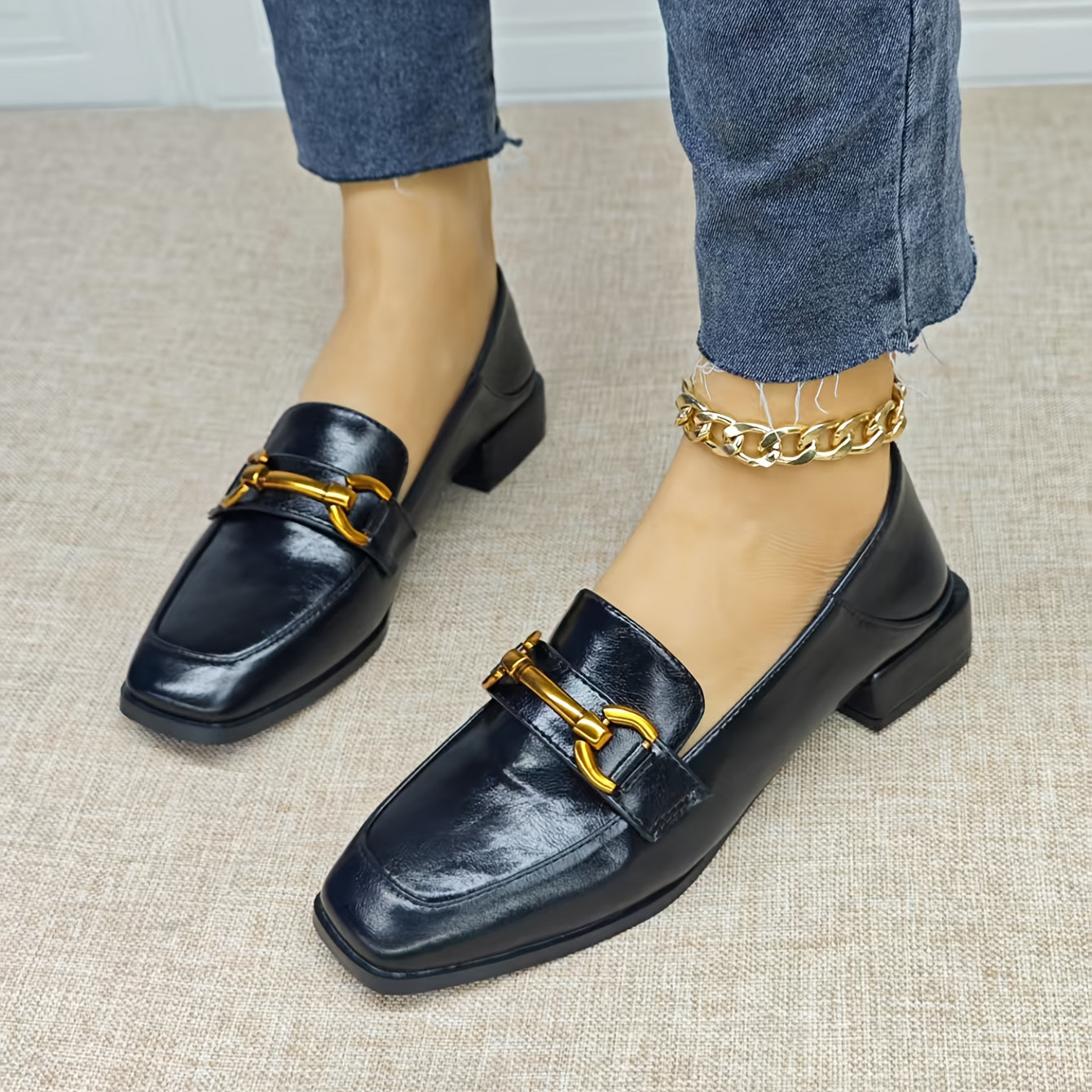 Women's Vintage Black Loafers Flat Shoes Penny Buckle Square Toe