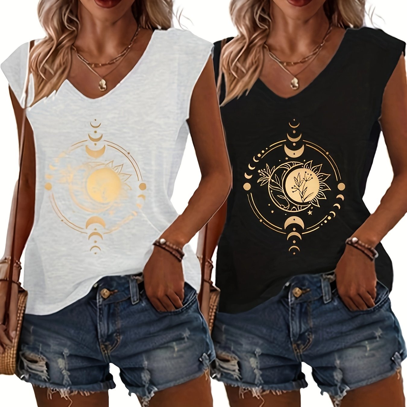 Women's V-Neck T-Shirts 2 Pack Short Sleeve Casual Tops Sun Moon Graphic White Black