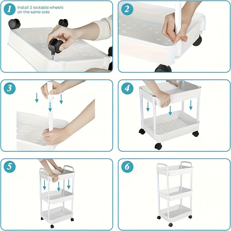 3-Tier Rolling Plastic Storage Cart for Kitchen, Office, Bathroom Organization