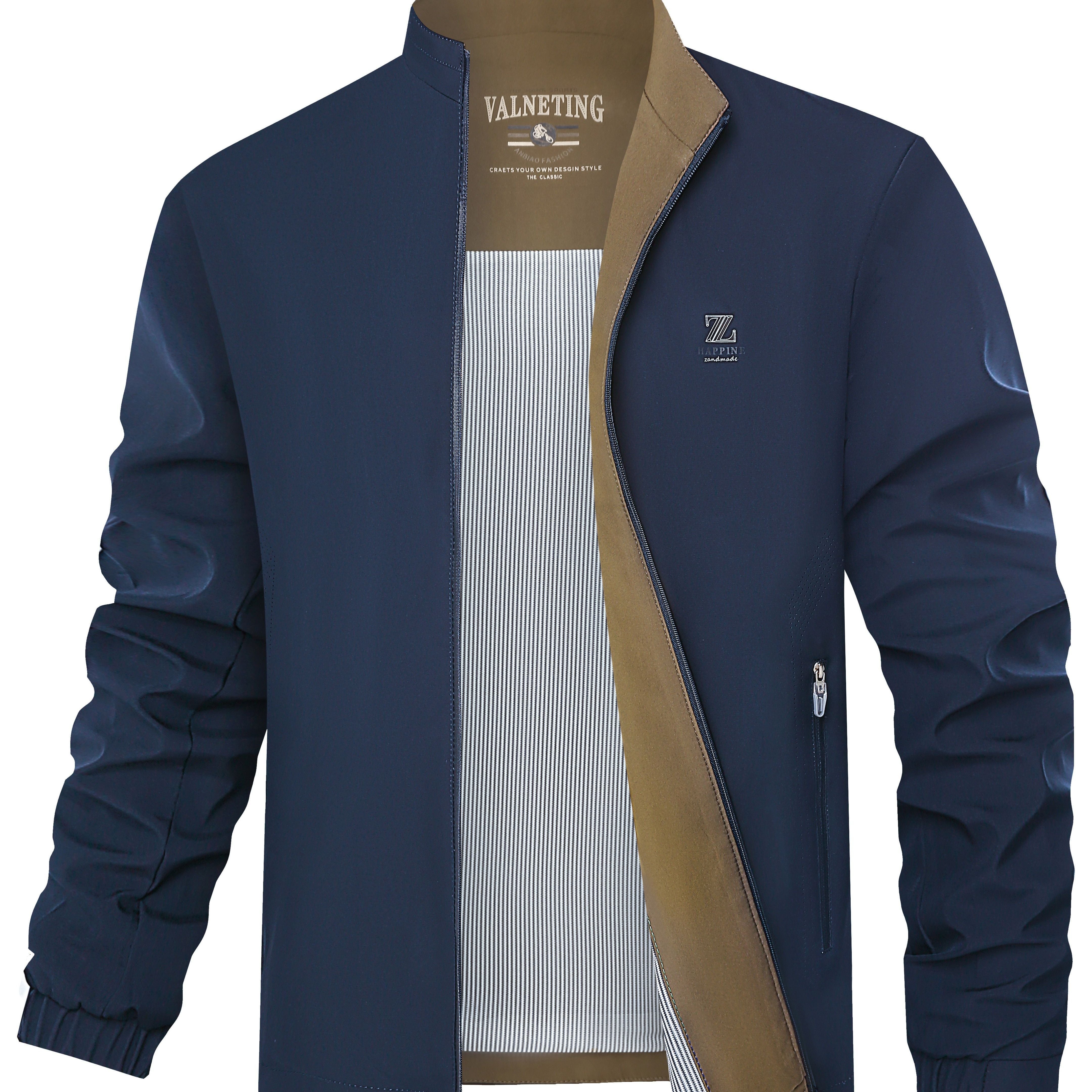 Men's Solid Color Polyester Woven Stand Collar Jacket for Spring Fall Regular Fit