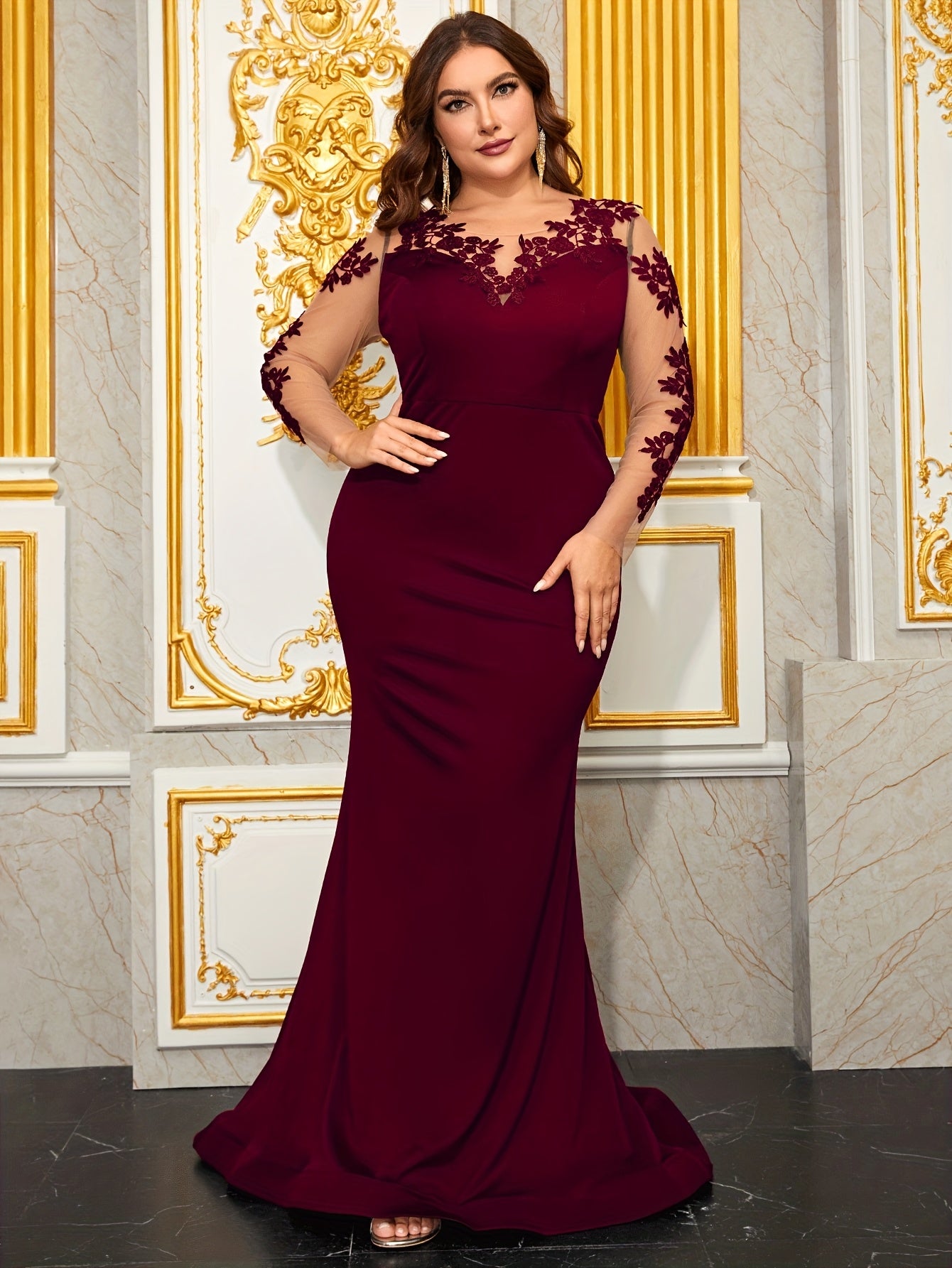 Plus Size Womens Fish Tail Evening Dress with Lace Flowers Long Sleeves