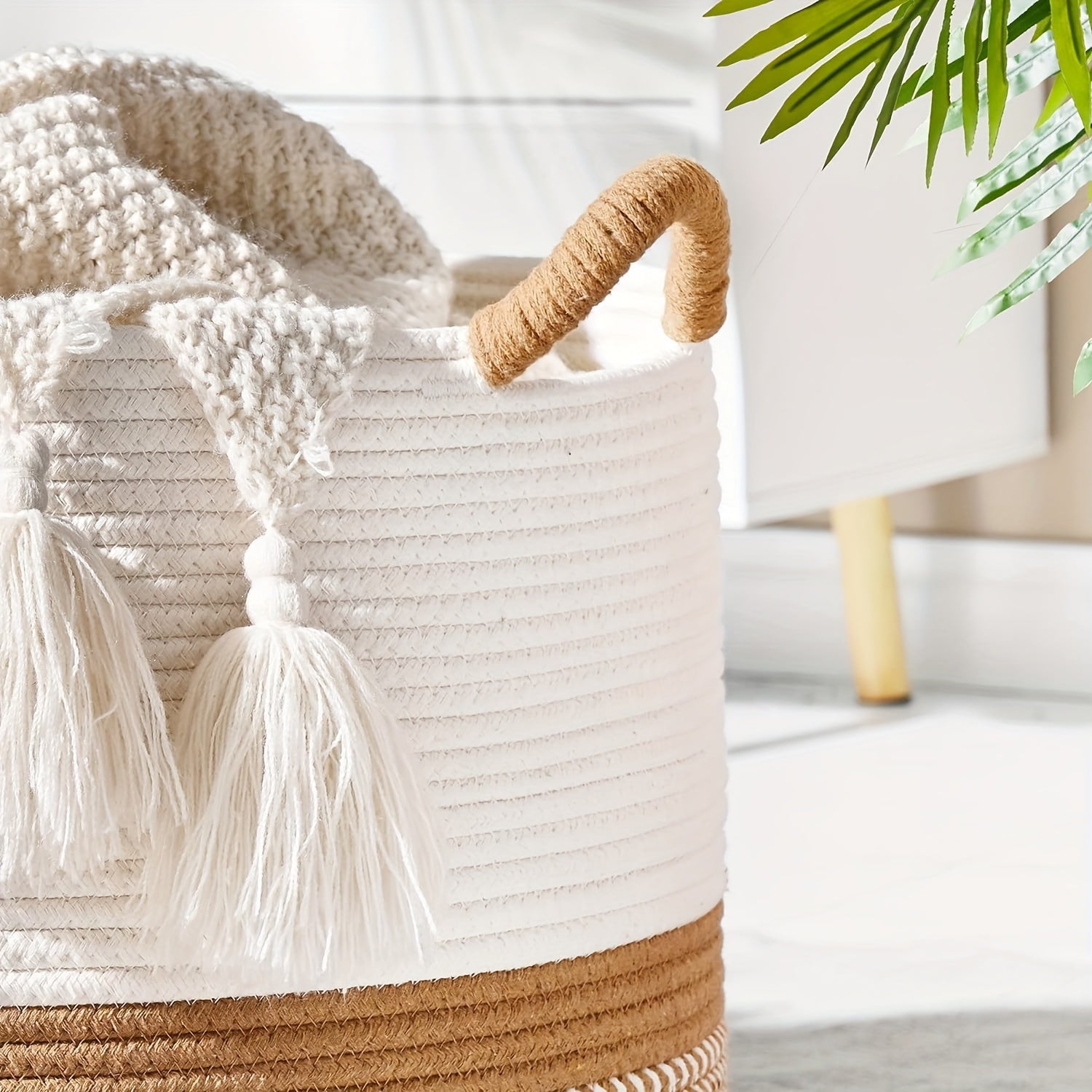 Round Bohemian Woven Laundry Basket with Handles for Bathroom and Living Room Storage