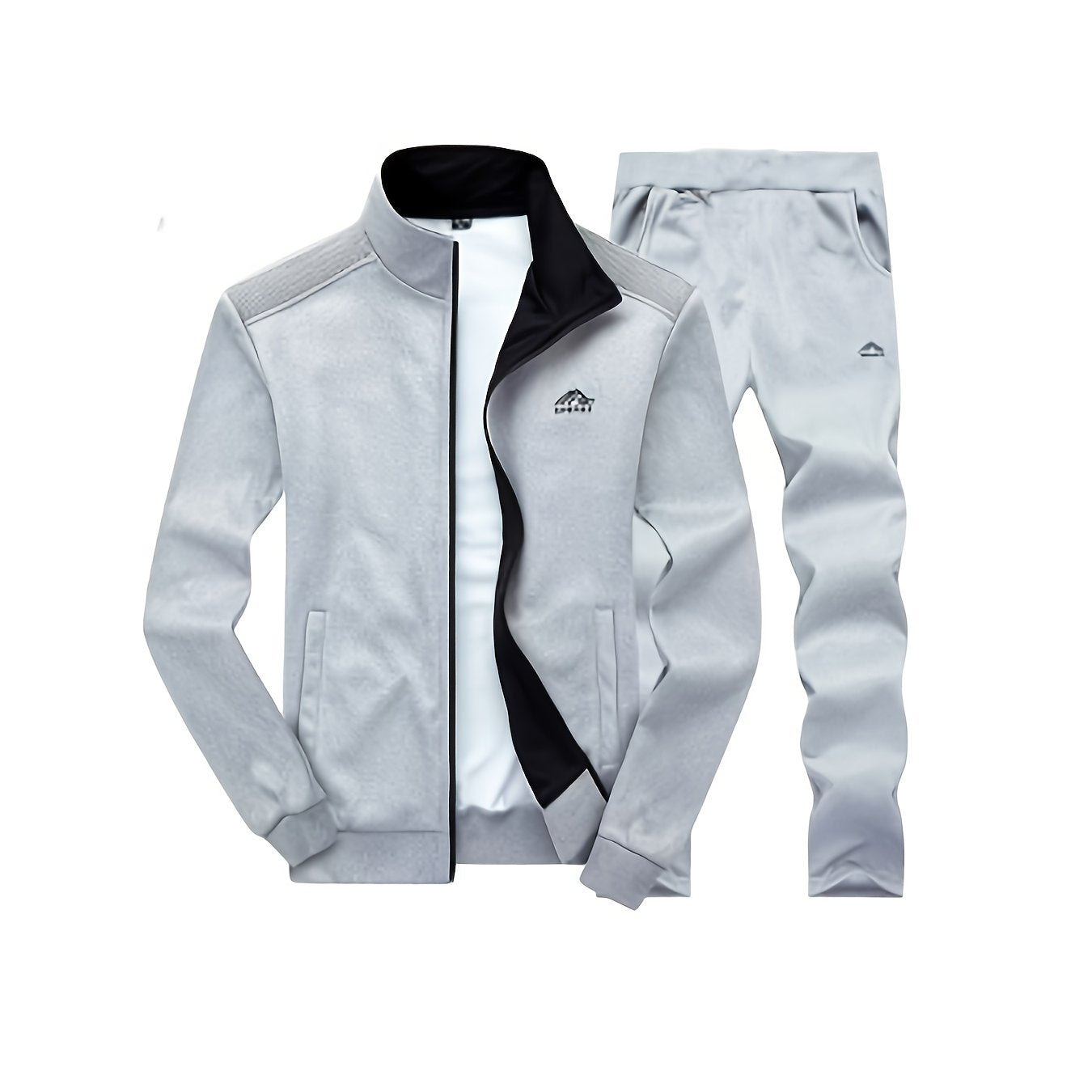 Men's Polyester Embroidered Sports Suit Set with Long Sleeve Zip-Up Jacket and Pants