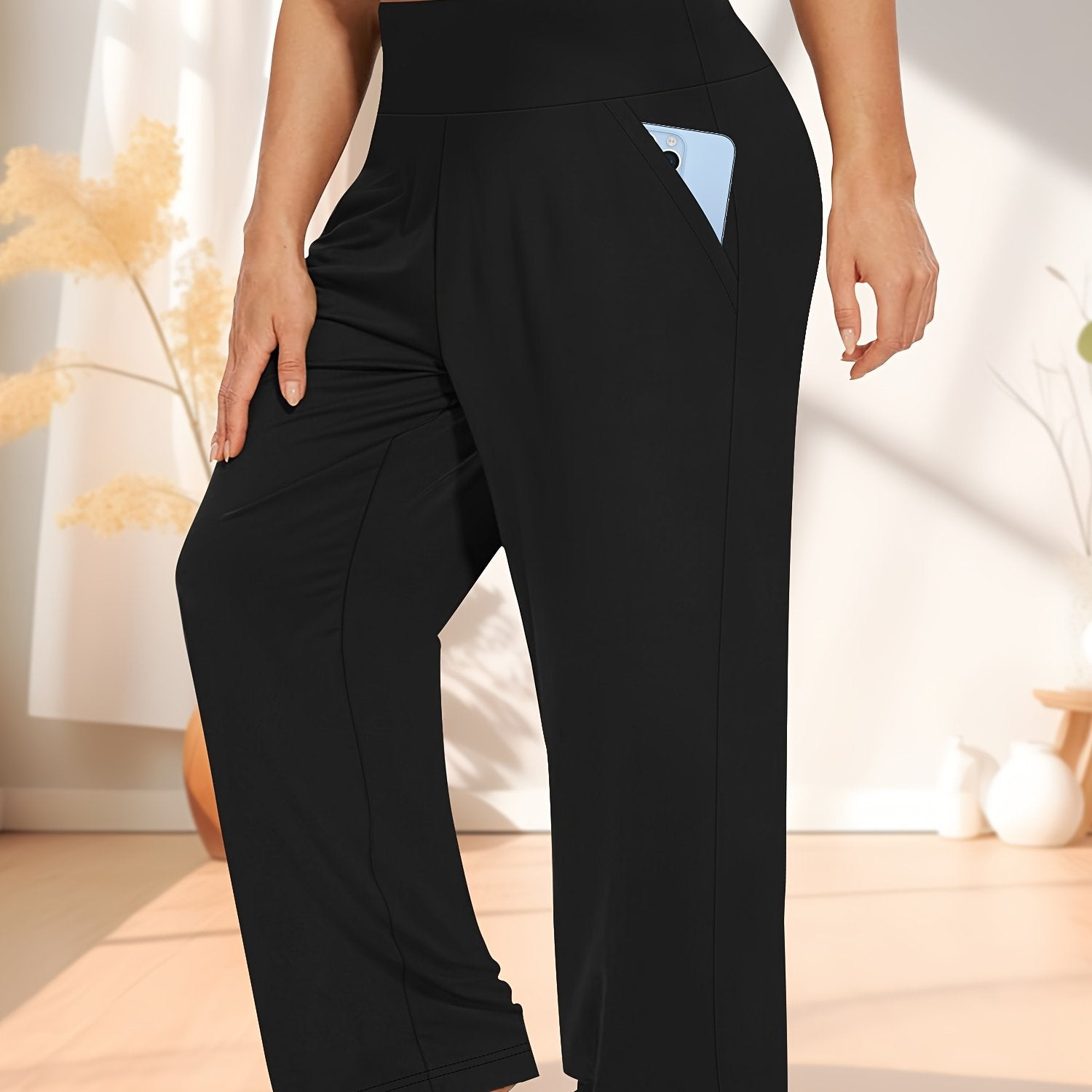 Women's Plus Size High-Waisted Wide Leg Breathable Yoga Pants With Pockets