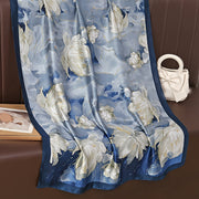 Women's Blue Big Flower Printed Scarf Shawl Satin Silk Feel Beach Towel for Outdoor Activities
