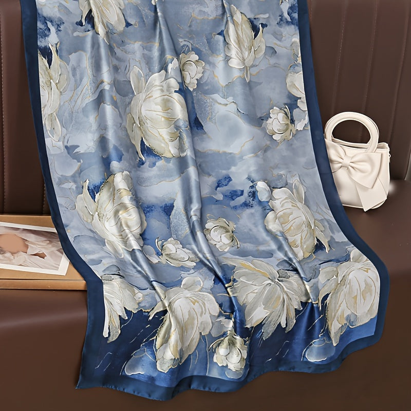 Women's Blue Big Flower Printed Scarf Shawl Satin Silk Feel Beach Towel for Outdoor Activities