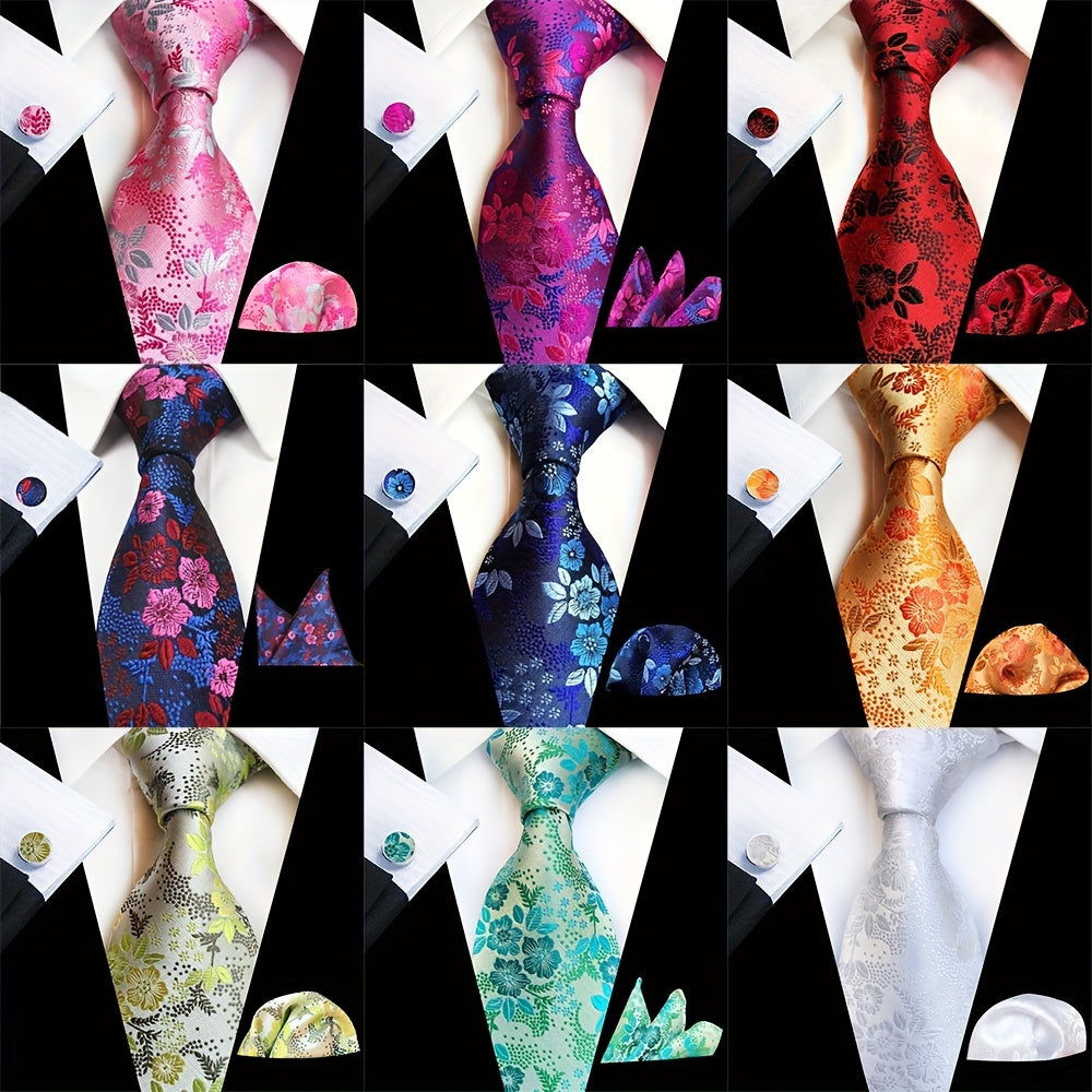 Men's 3-Piece Tie Set Floral Design Polyester Necktie Pocket Square Cufflinks for Weddings Business