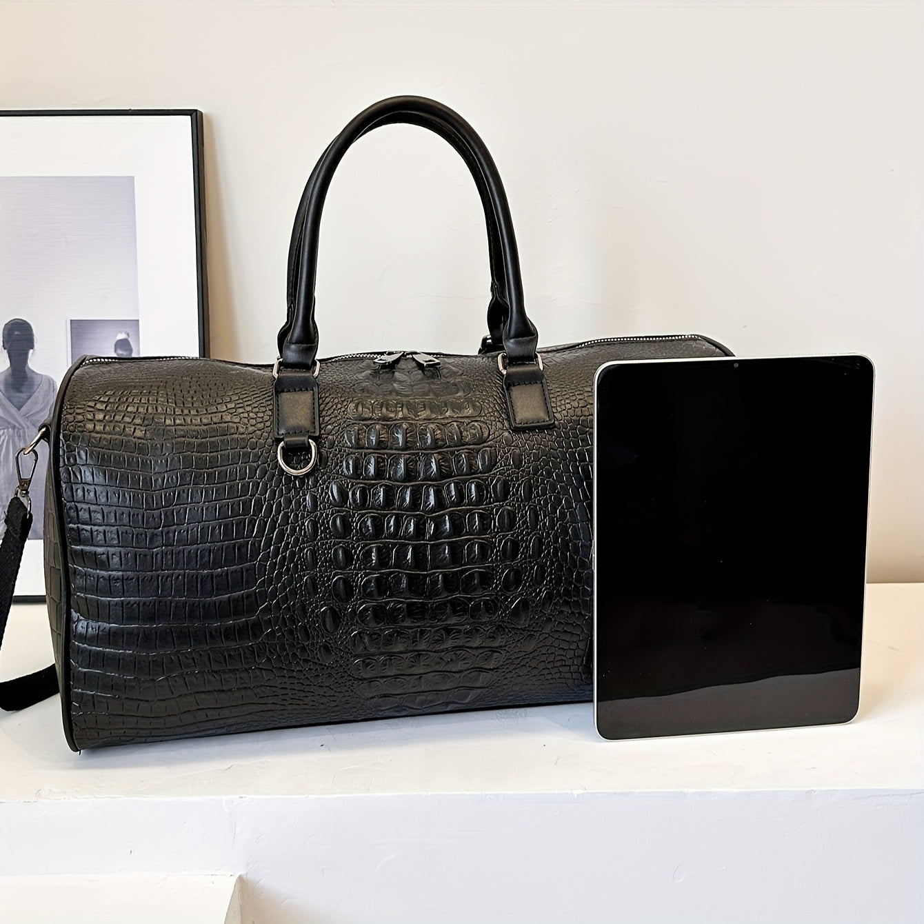 Faux Leather Crocodile Pattern Gym Tote Bag for Travel and Weekend Trips