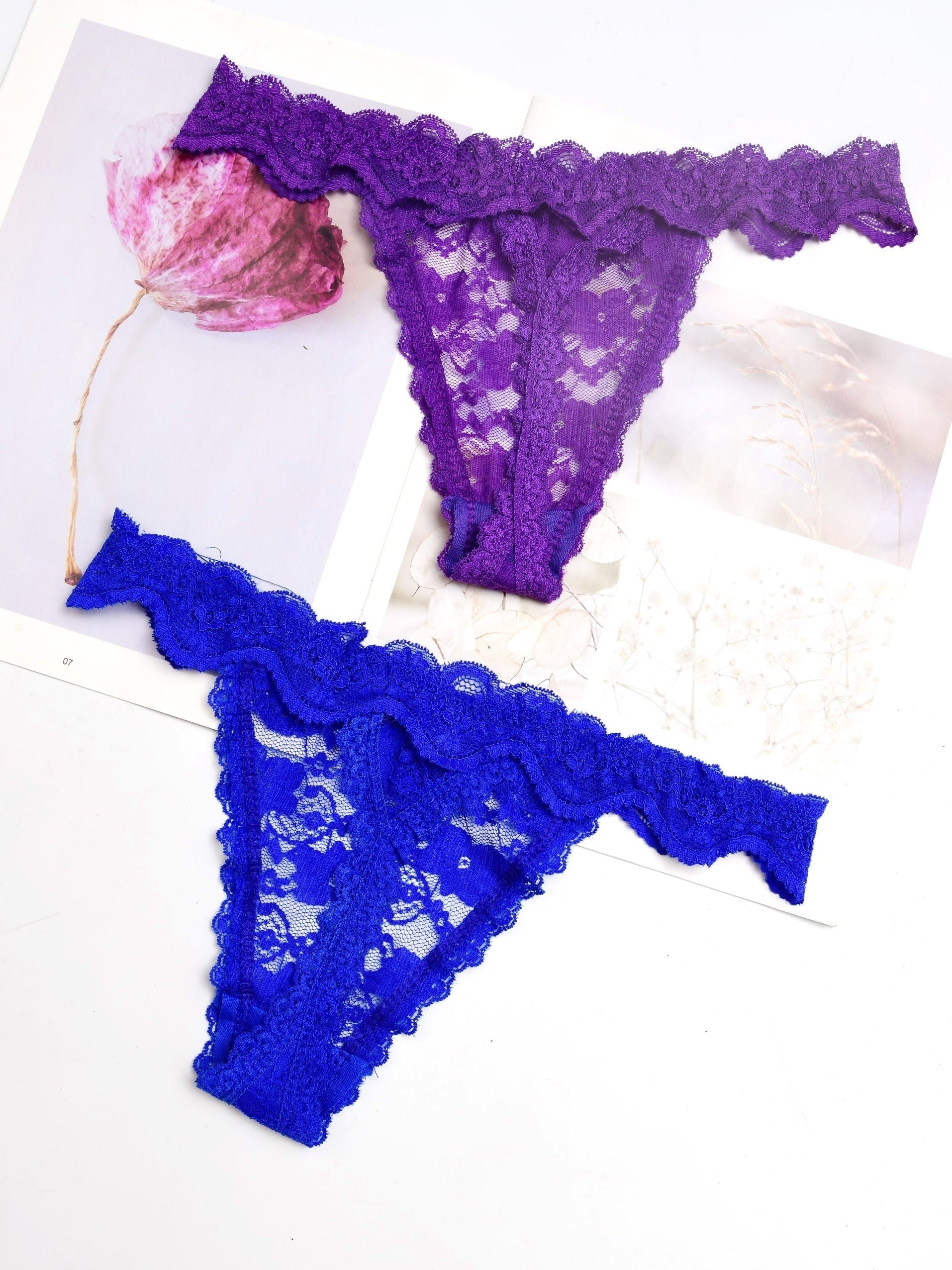 Women's Floral Lace Thongs 6-Pack Semi-Sheer Scallop Trim Comfortable Lingerie