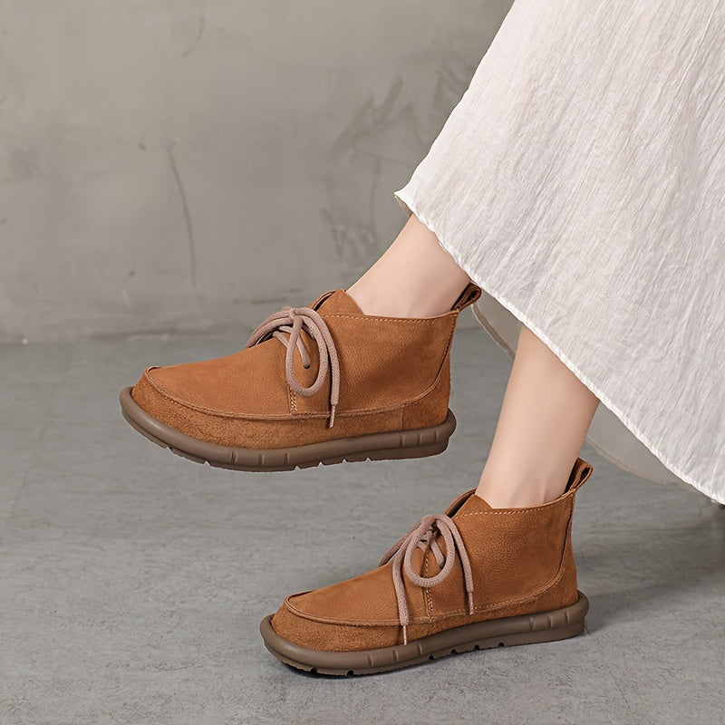 Women Cow Leather Ankle Boots Solid Color Lace-Up Flat Heel All-Season