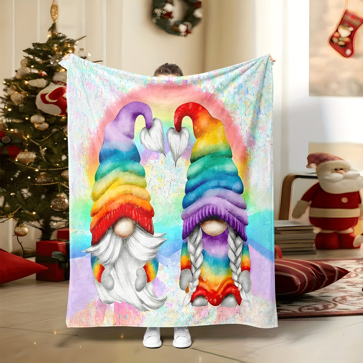 Contemporary Cartoon Gnome Throw Blanket Soft Knitted Polyester for Sofa Bed Travel