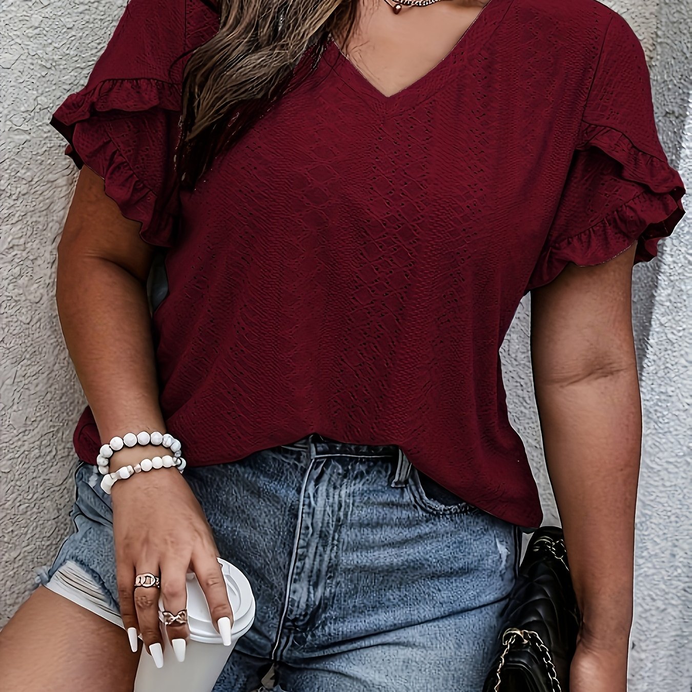 Plus Size V-Neck Blouse with Ruffled Sleeves Textured Jacquard Casual Top