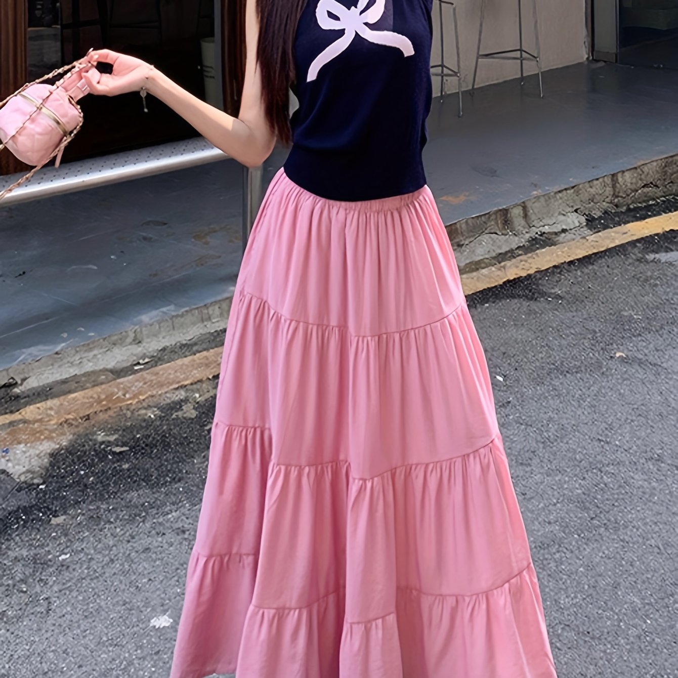 White French Long Skirt for Women Elastic Waist A-Line Casual Maxi Skirt