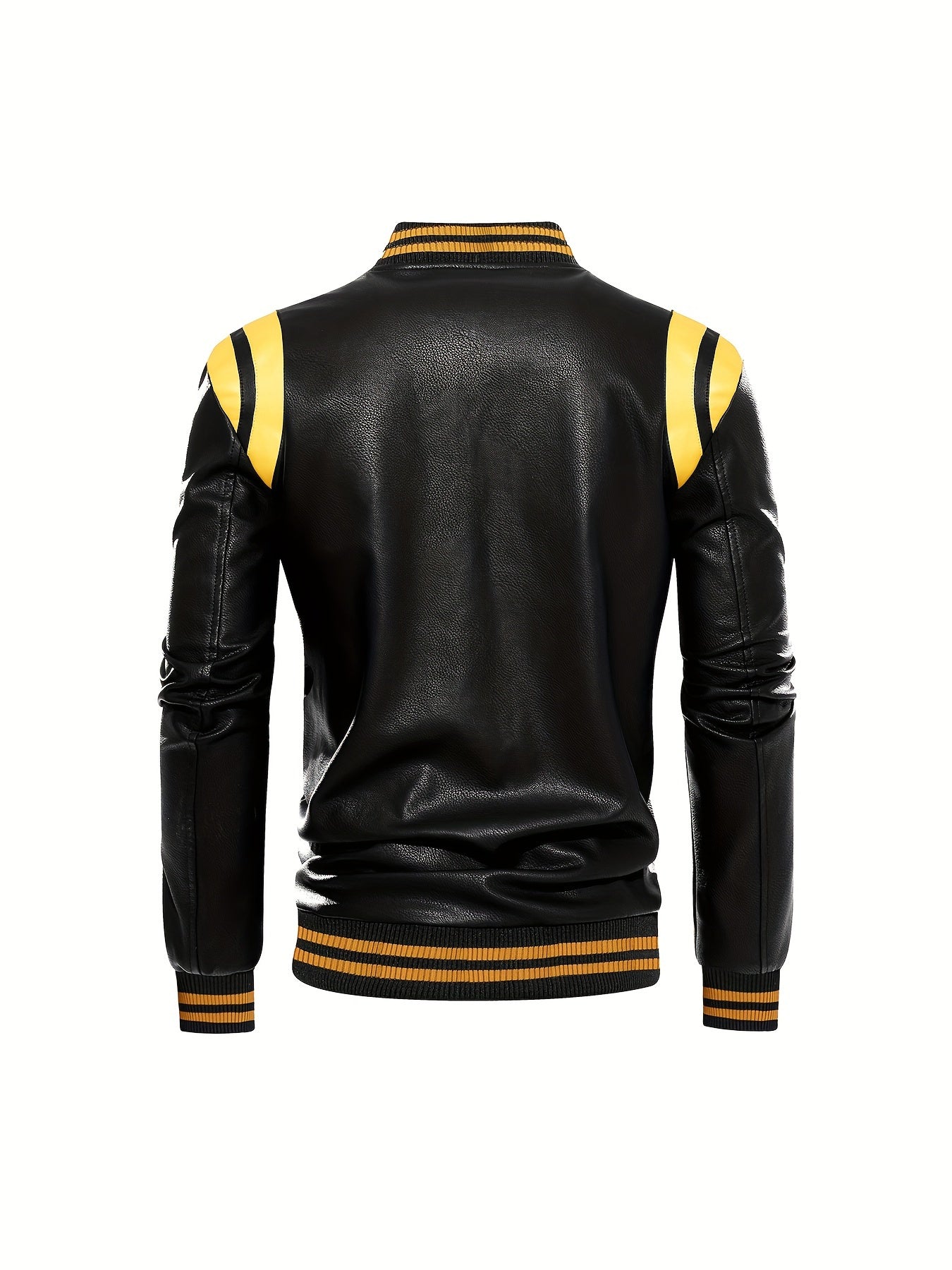 Erkaklar uchun sun'iy charm kurtka, klassik dizayn, retro uslubidagi fermuarli, turli xil yenglar, chiziqli aksentlar va har kuni kiyish uchun mashinada yuviladigan polyester aralashmasi.