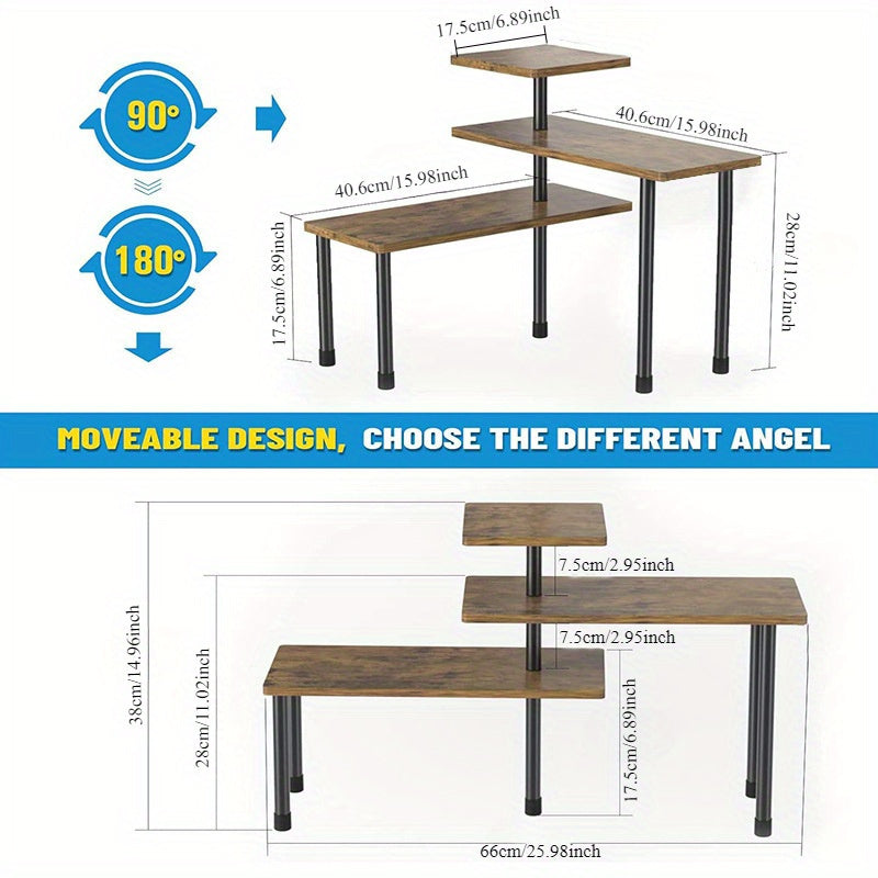 3-Tier Wood Corner Shelf Black Metal Frame Rotatable Storage for Kitchen Bathroom Plants