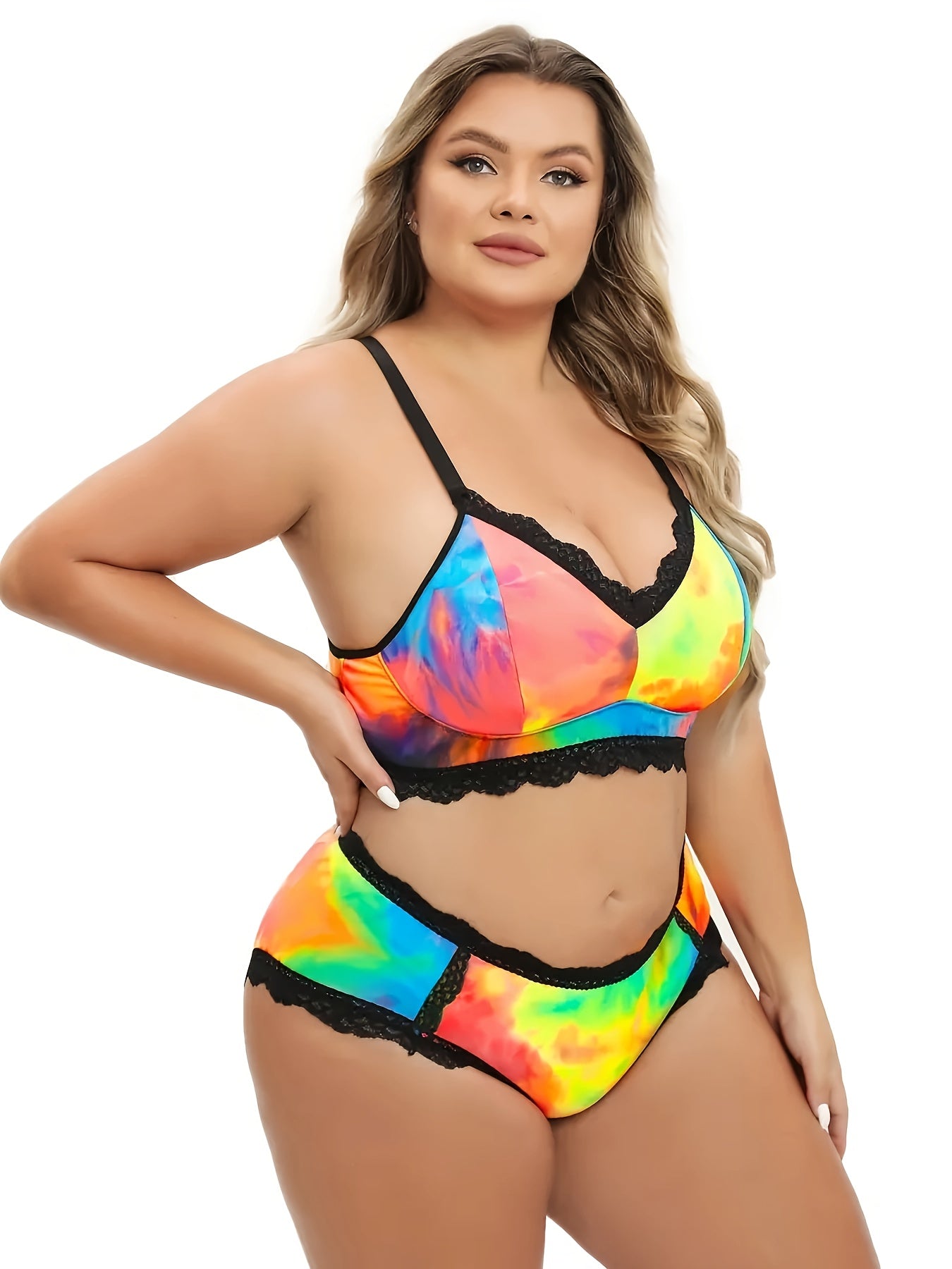 Plus Size Lingerie Set Tie Dye Lace Trim Racerback Bra and Panty
