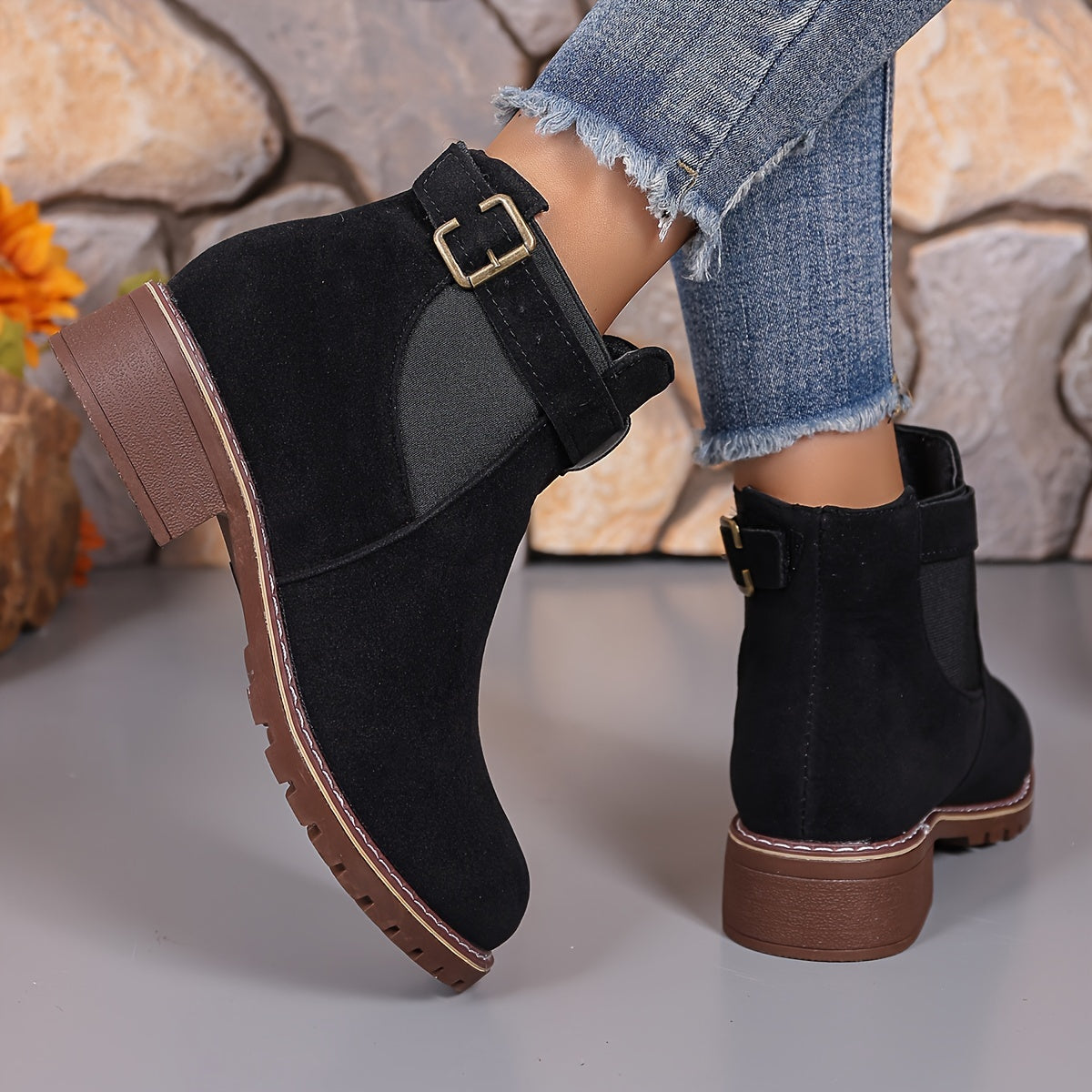 Women's Chunky Heel Ankle Boots Faux Cover Upper TPR Sole Mid-Calf