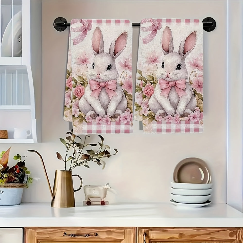 2-Pack Ultra Soft Polyester Kitchen Towels Coastal Bunny Bow Design 16x24 Inches