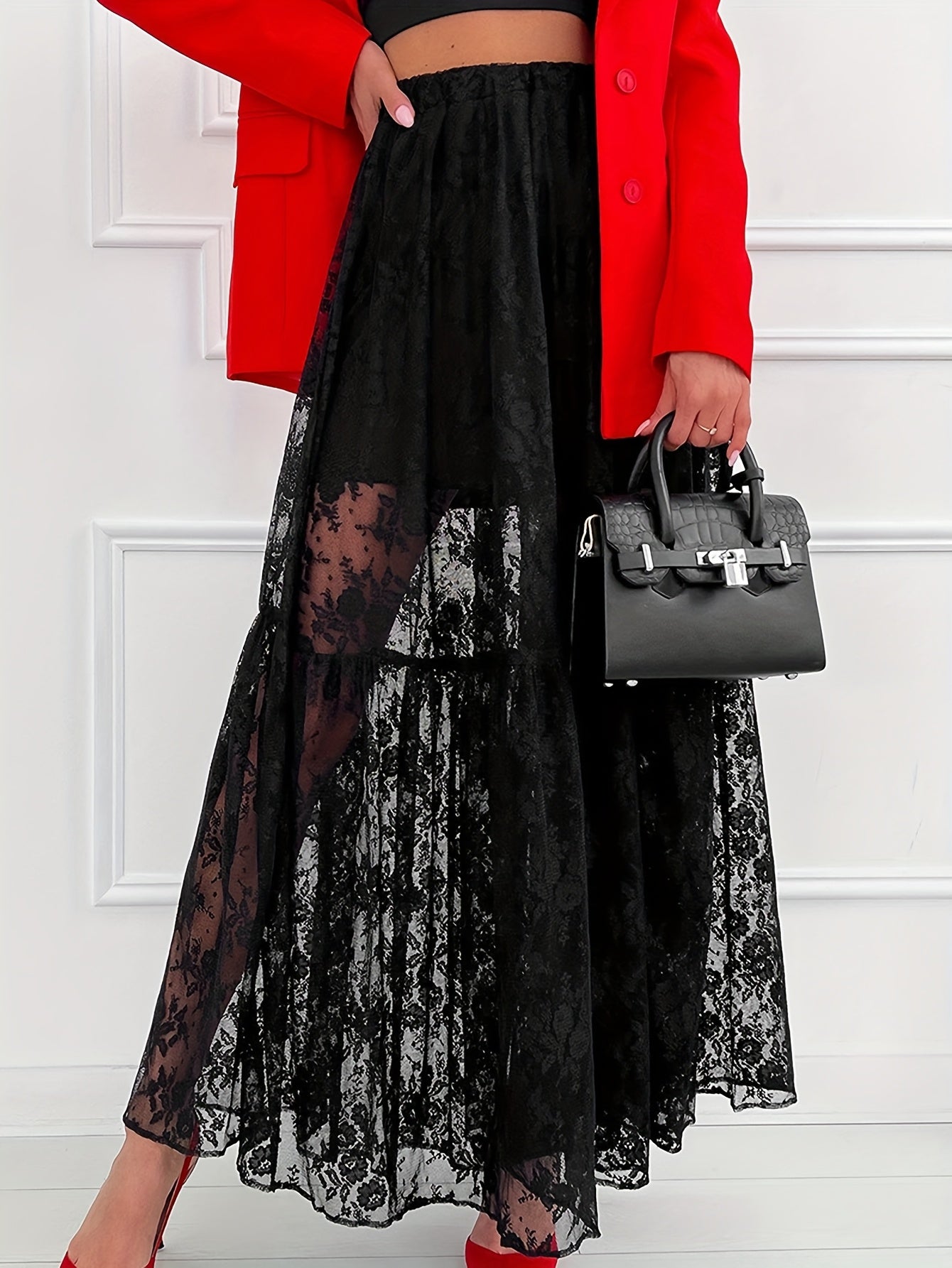 Plus Size Women's Lace Midi Dress Black Red Floral Lightweight Semi-Sheer Elegant Evening Formal