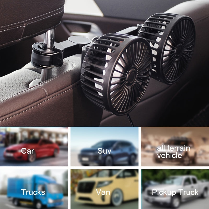 Dual Head USB Car Seat Fan with 360° Rotation, Adjustable Clip for SUVs and RVs
