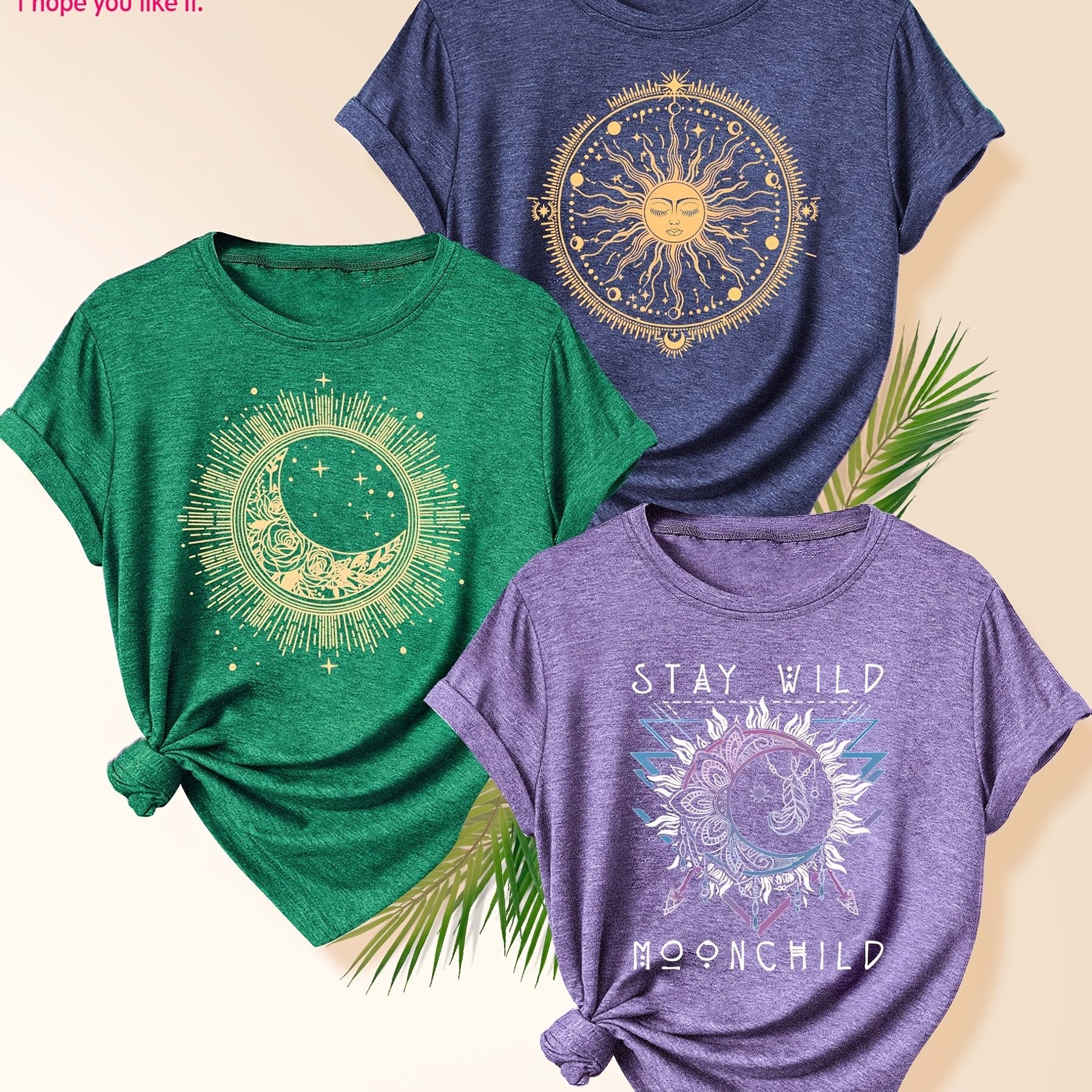 Women's 3 Pack Vintage-Inspired Sun & Moon Graphic T-Shirts Short Sleeve Polyester Blend