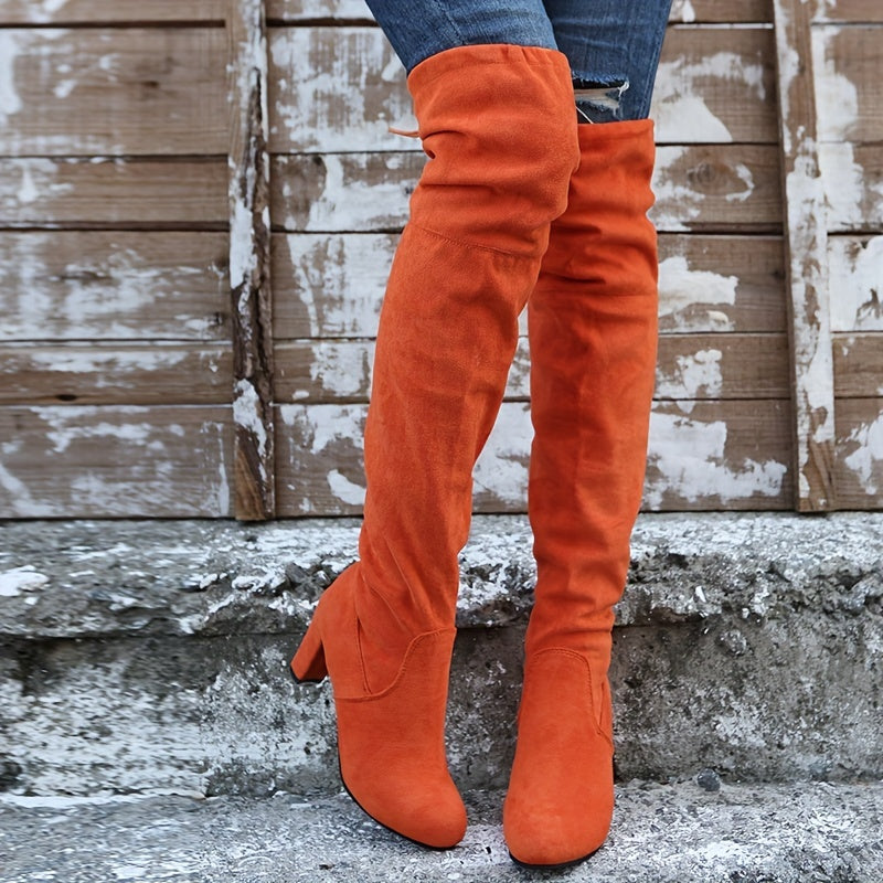 Women's Solid Color Long Boots Over Knee Round Toe Chunky Heel Casual Shoes