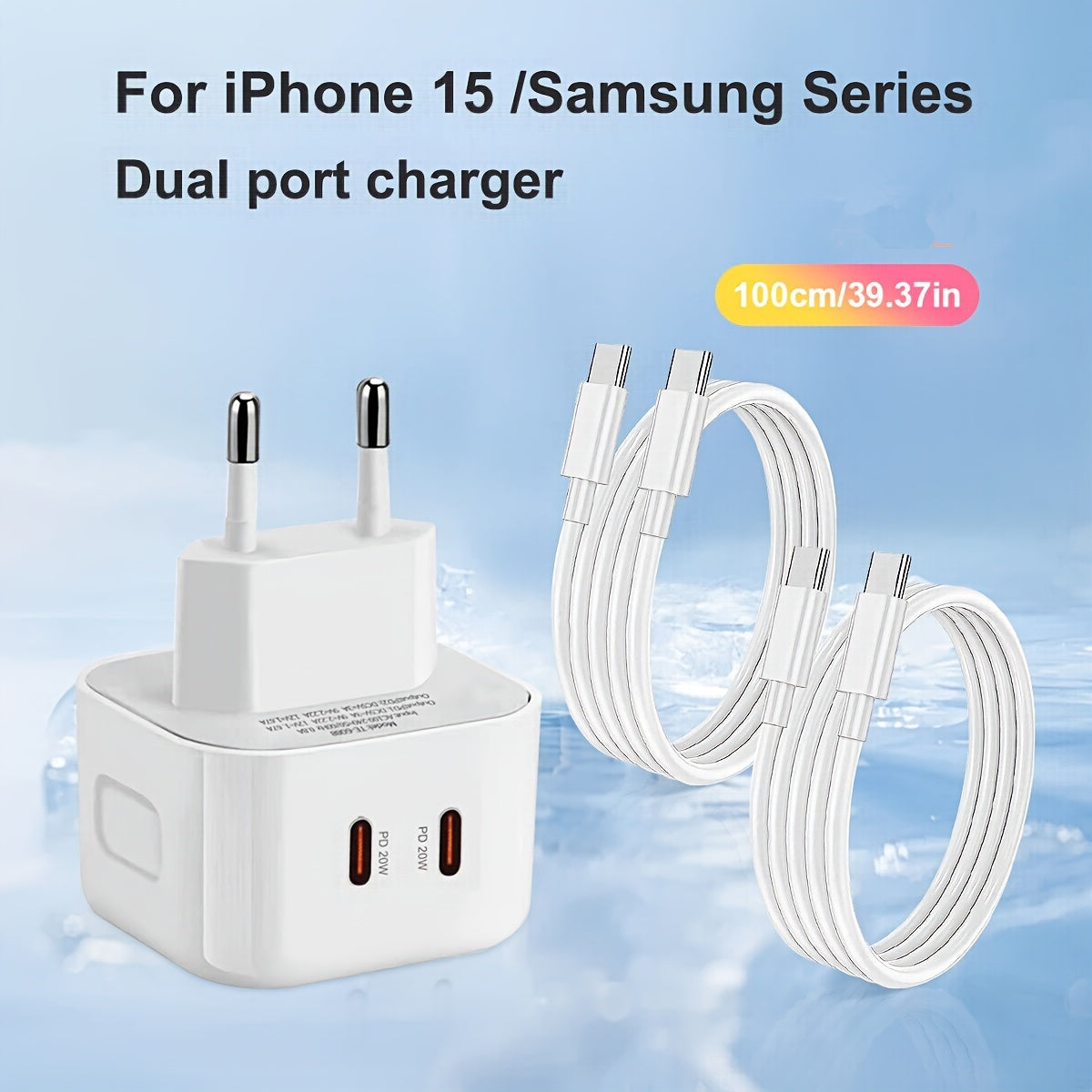 20W Dual Port USB C devor uchun zaryadlovchi va 2 ta Type-C kabeli, tez zaryadlash uchun iPhone, iPad, AirPods, Android uchun