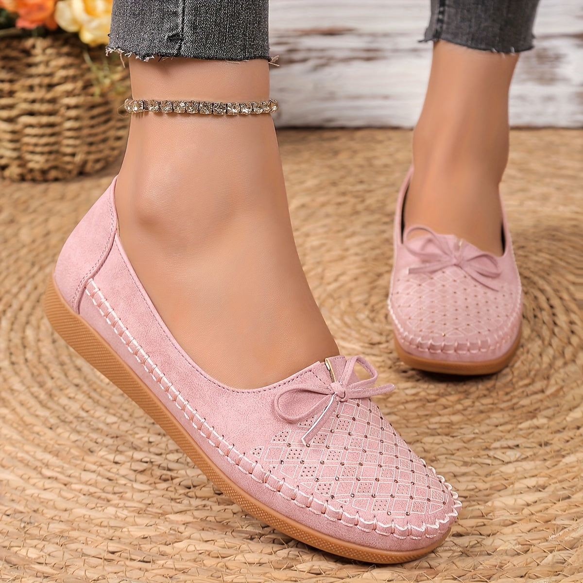 Women's Casual Slip-On Flat Shoes with Bow Pink Geometric Pattern