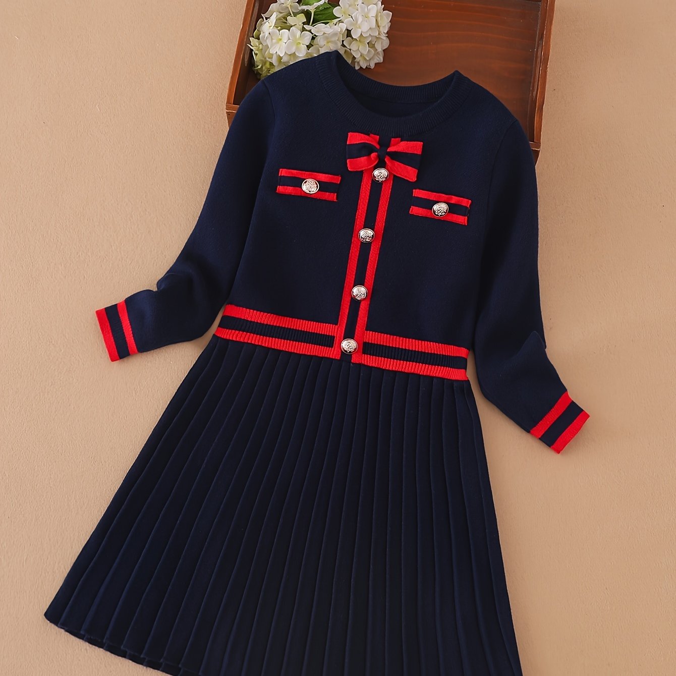 Girls' Long Sleeve Pleated A-Line Dress with Navy Accents Cotton Nylon for Spring Fall