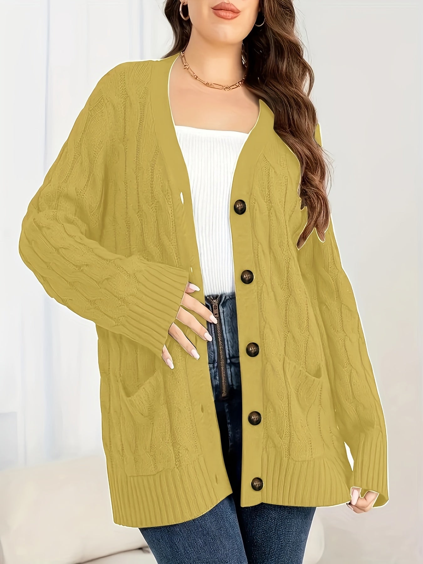 Plus Size Women's Solid Color Cable Knit Open Front Long Sleeve Cardigan