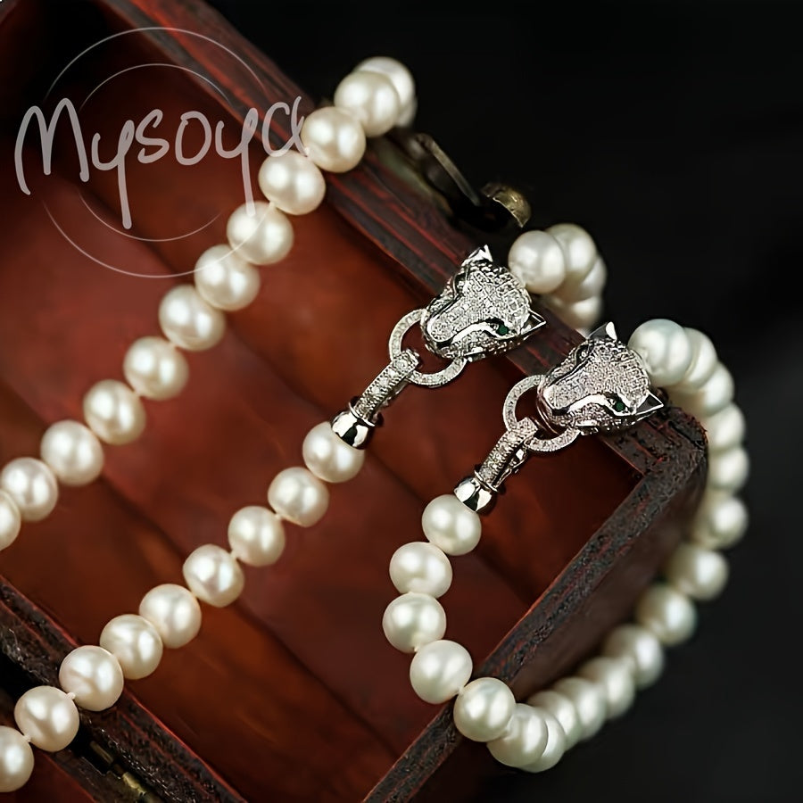 Unisex Pearl Jewelry Set with Leopard Head Clasp and 8-9mm Freshwater Pearls