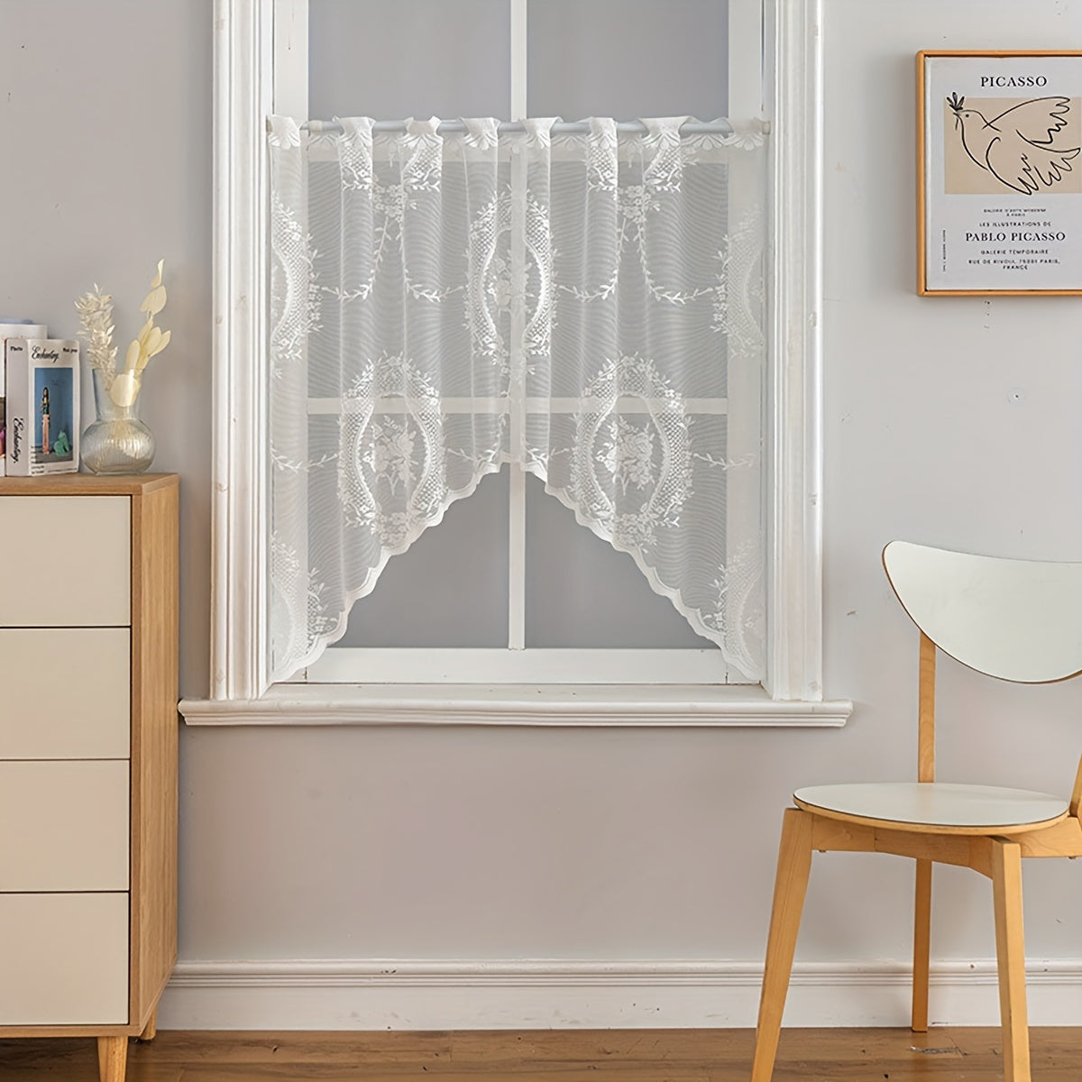 Lace Curtain Tiers with Rod Pocket Short Cafe Window Cover for Kitchen Bathroom Bedroom