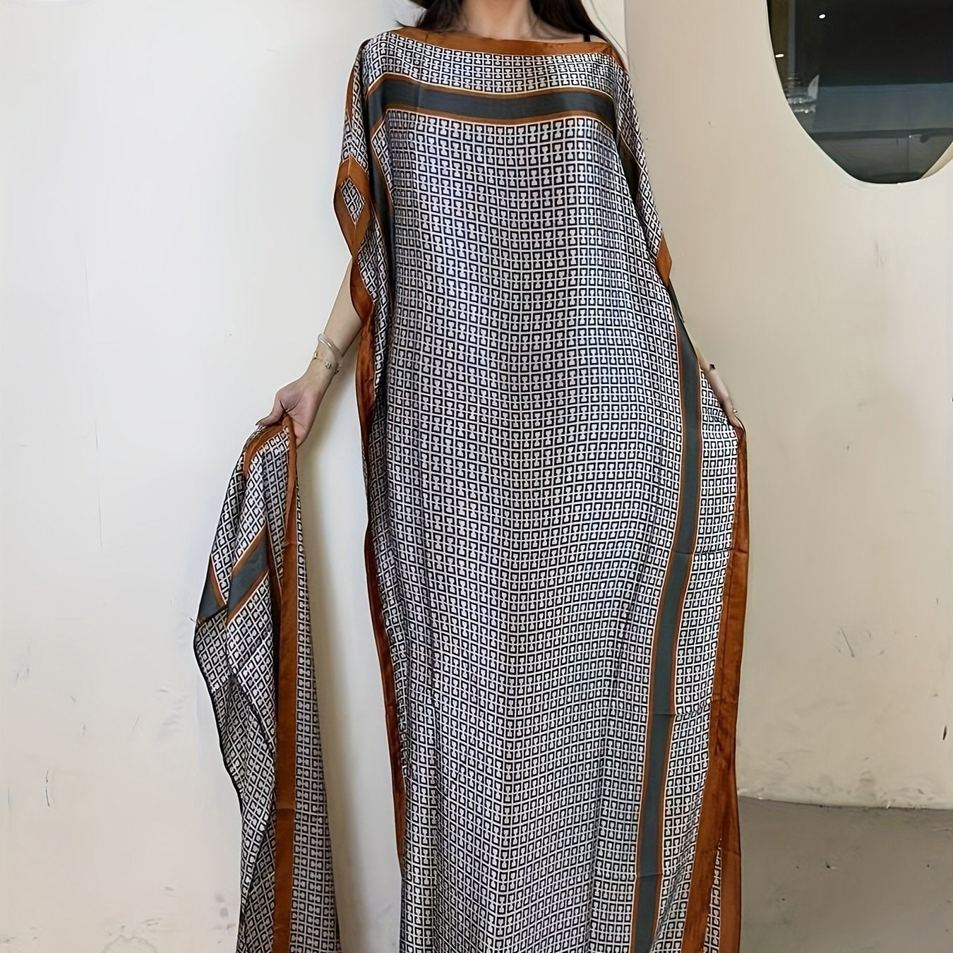 Ayol uchun gul bosma boat neck abaya batwing qo'lli maxi kiyi