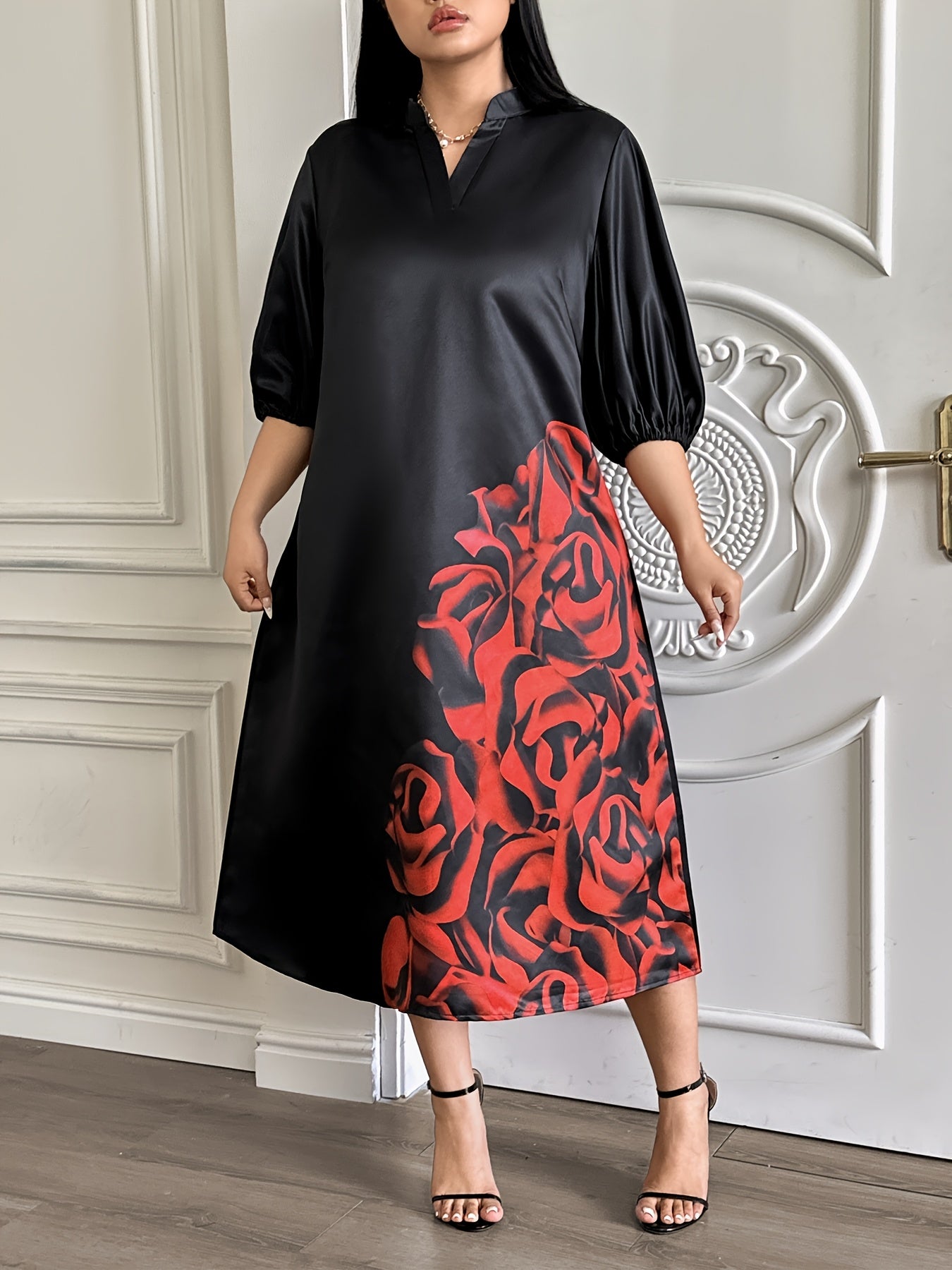 Women's V-Neck Dress with Red Rose Print and Midi Length in Polyester