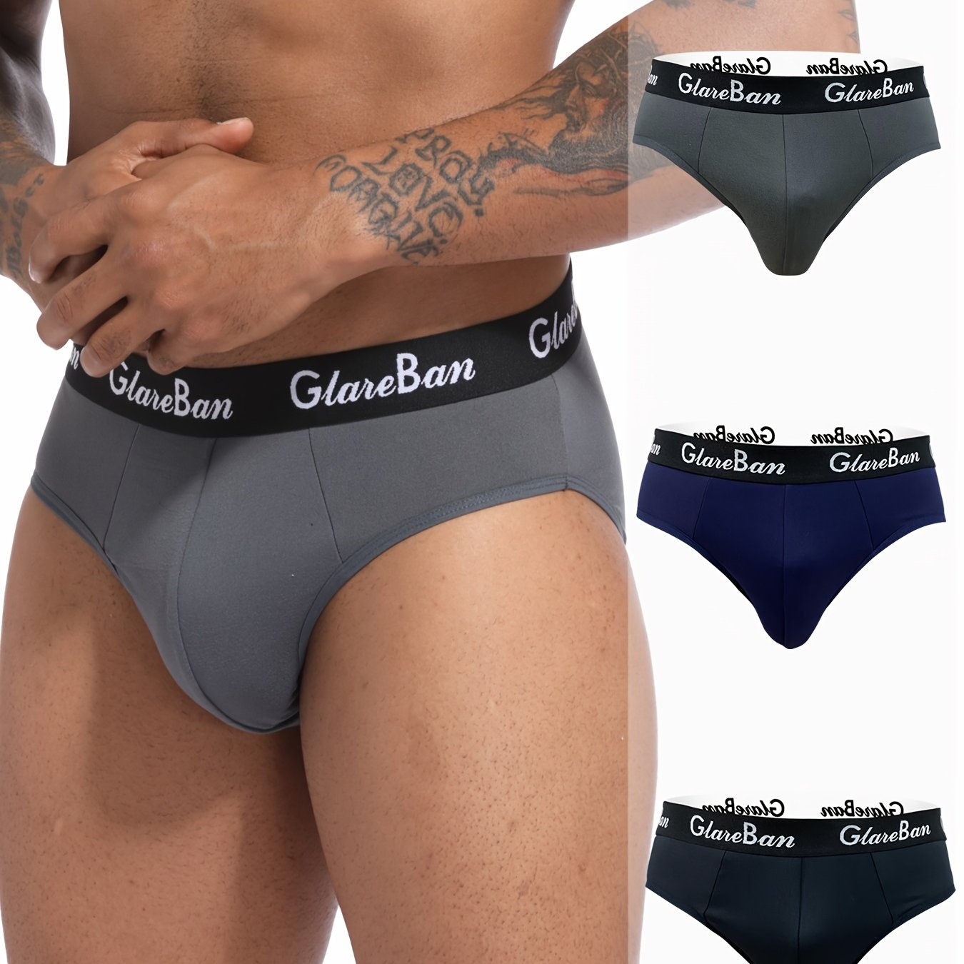 Men's Briefs 3 Pack Polyester Blend Breathable Support Dark Gray Navy Black