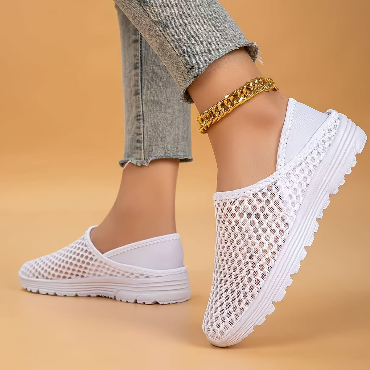 White Mesh Slip-On Walking Shoes with Stability Support for Summer