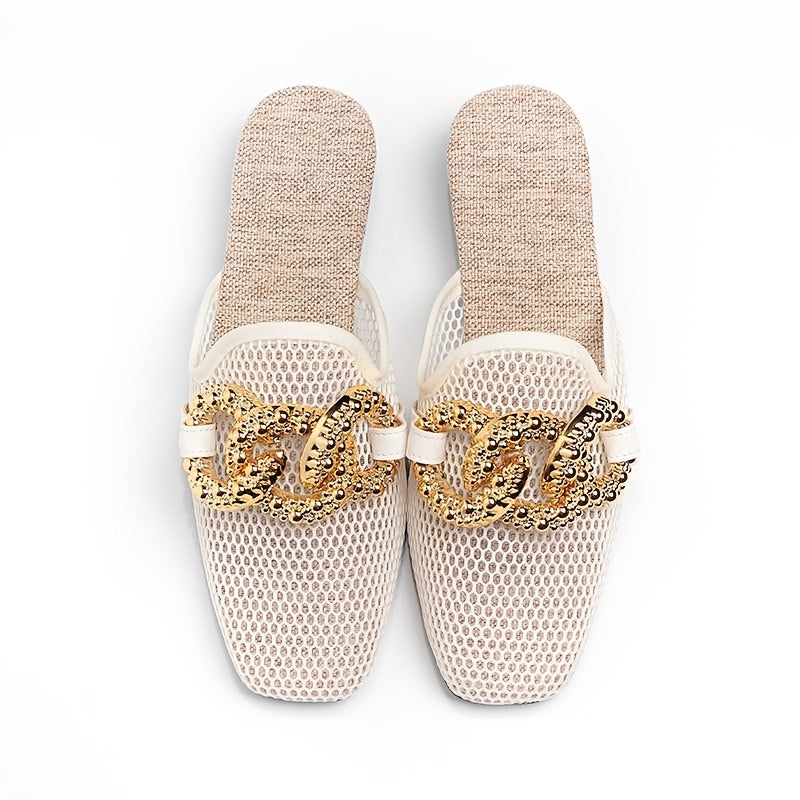 Women's Summer Slide Sandals with Chain Decoration Breathable Mesh