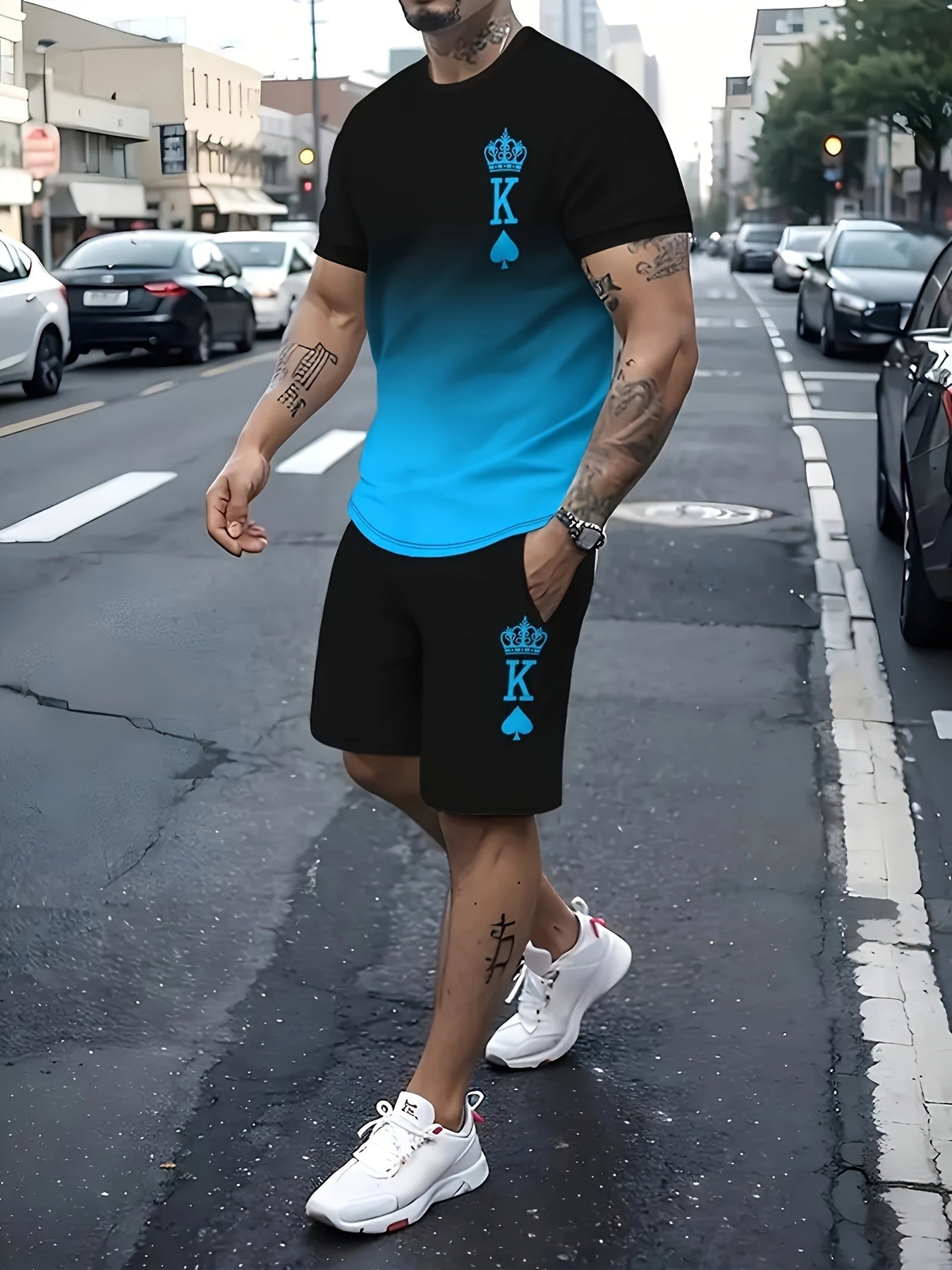 Traje deportivo casual para hombre de manga corta con estampado en toda la prenda de punto de poliéster para verano