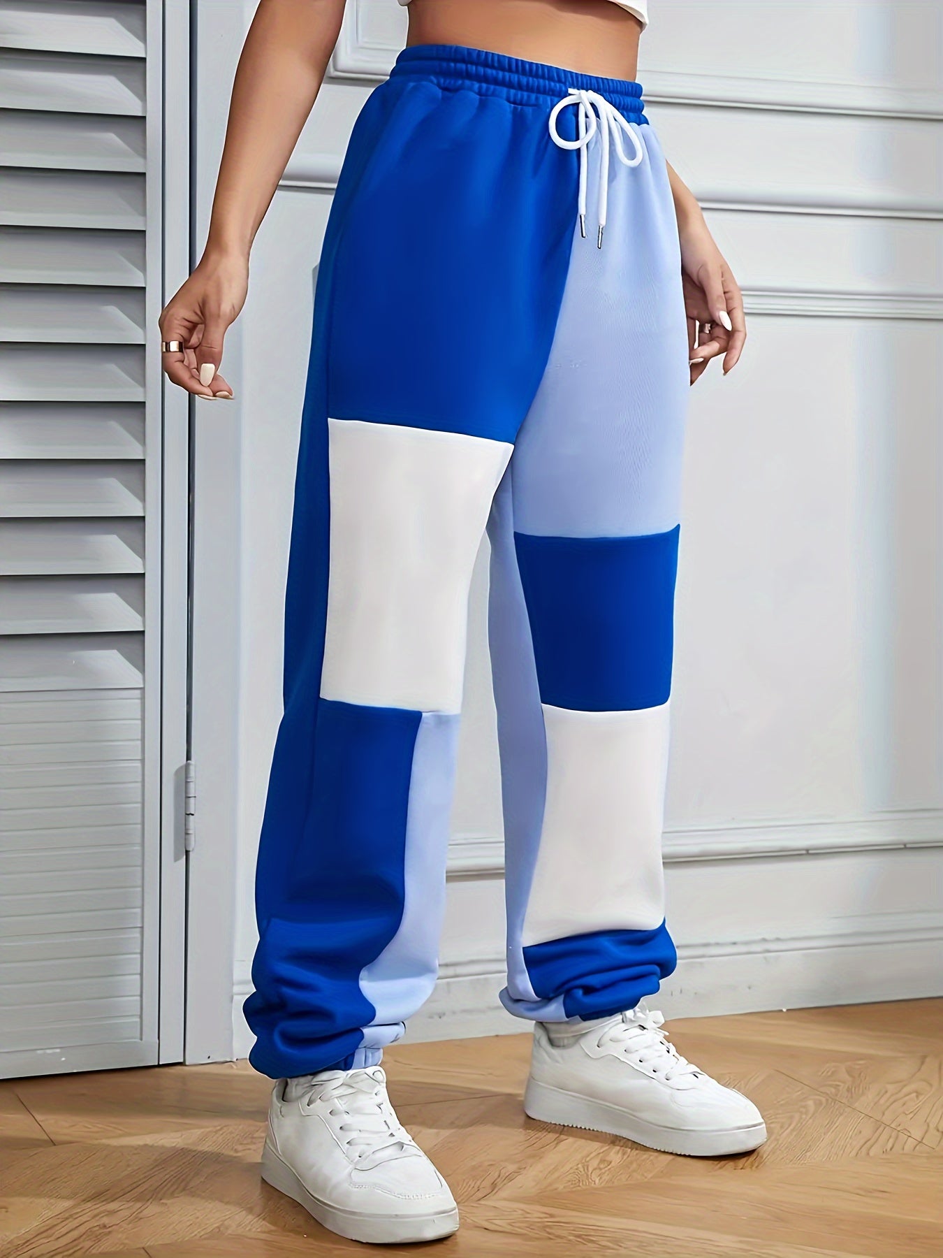 Plus Size Women's Color Block Jogger Pants Wide-Leg Elastic Waist Pastel Pink Lavender