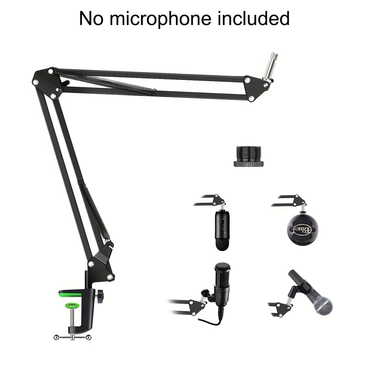 Qora metall cantilever boom mikrofon stendi, shokga chidamli montaj va mobil telefon uchun tutqich bilan