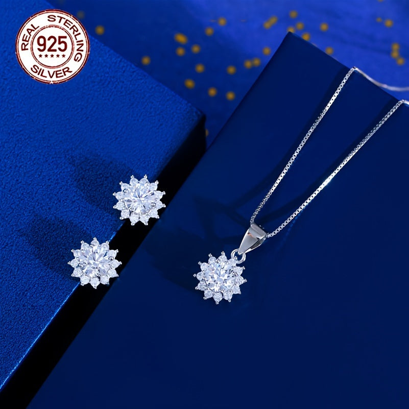 Sterling Silver Sunflower Jewelry Set with Cubic Zirconia Earrings and Pendant