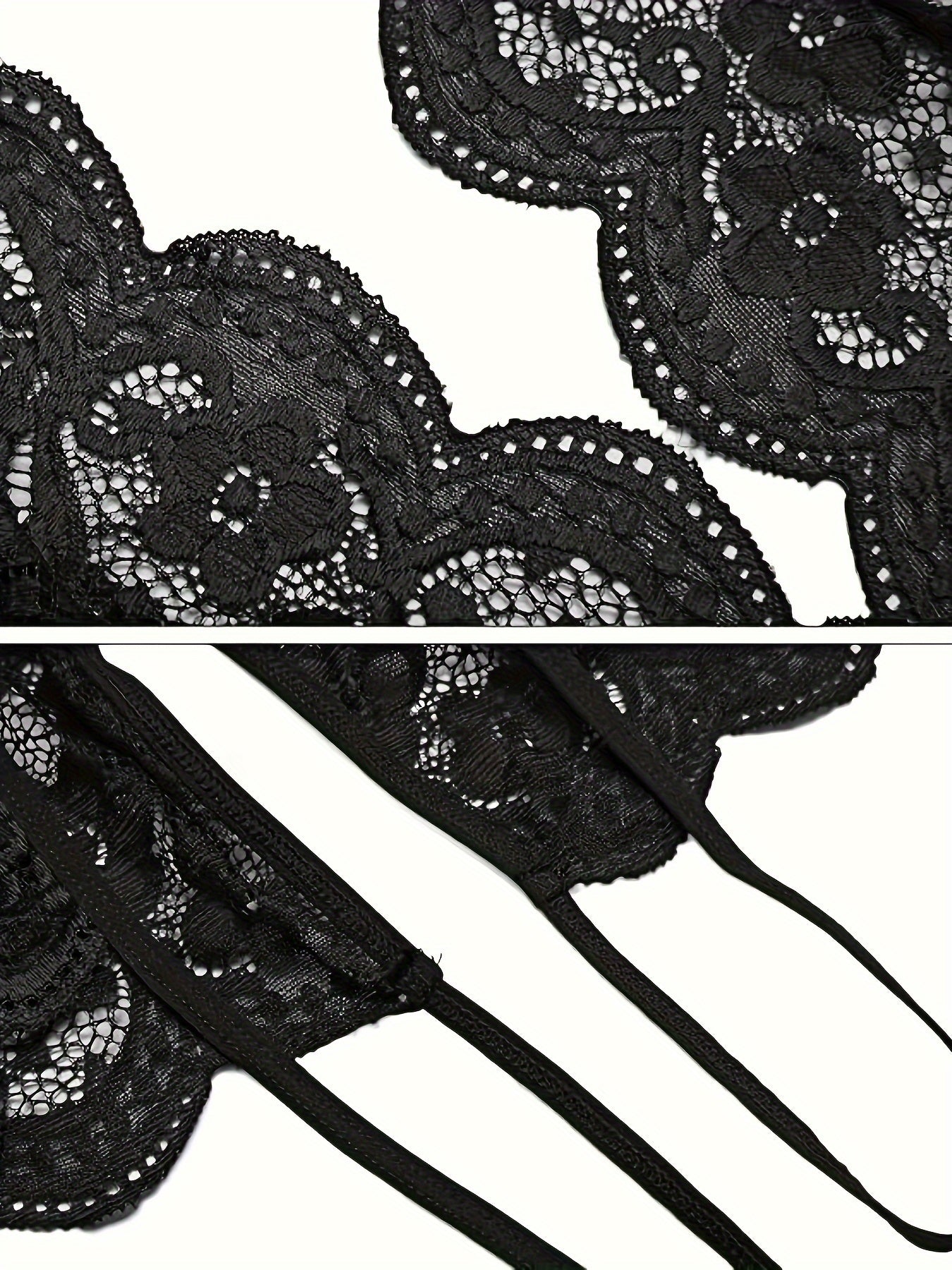 Women's Black Lace Velvet Teddy with Deep V Neck Backless Adjustable Straps