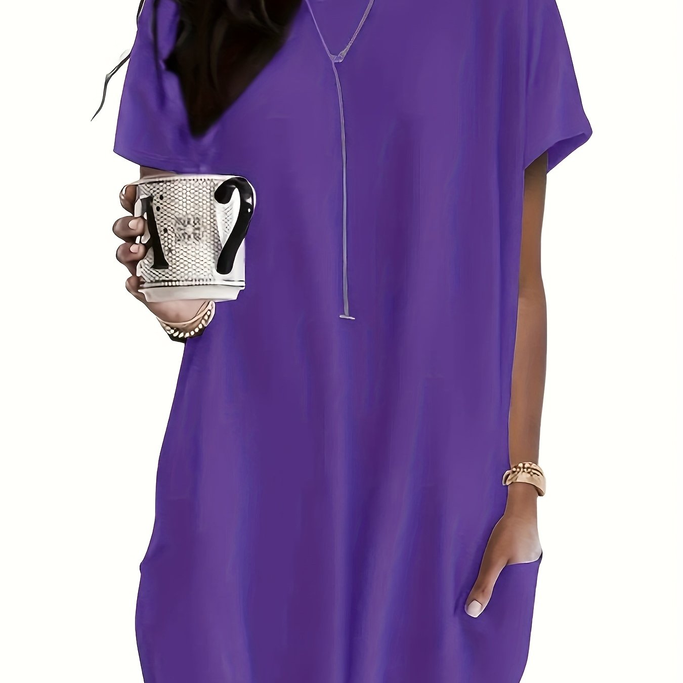 Plus-Size ayollar uchun kundalik qisqa sleeve tunik kofta, bir rangli, erkin fit, nafas oluvchi mato