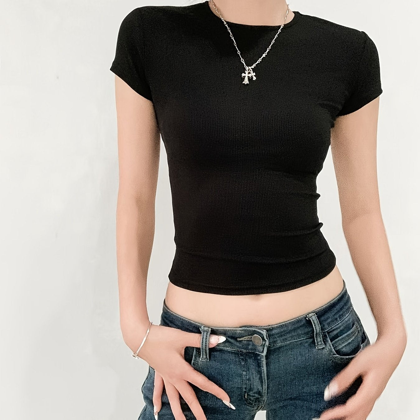 Women's Ribbed Short Sleeve T-Shirt Cropped Solid Color High Elastic Polyester Spandex Slim Fit Casual