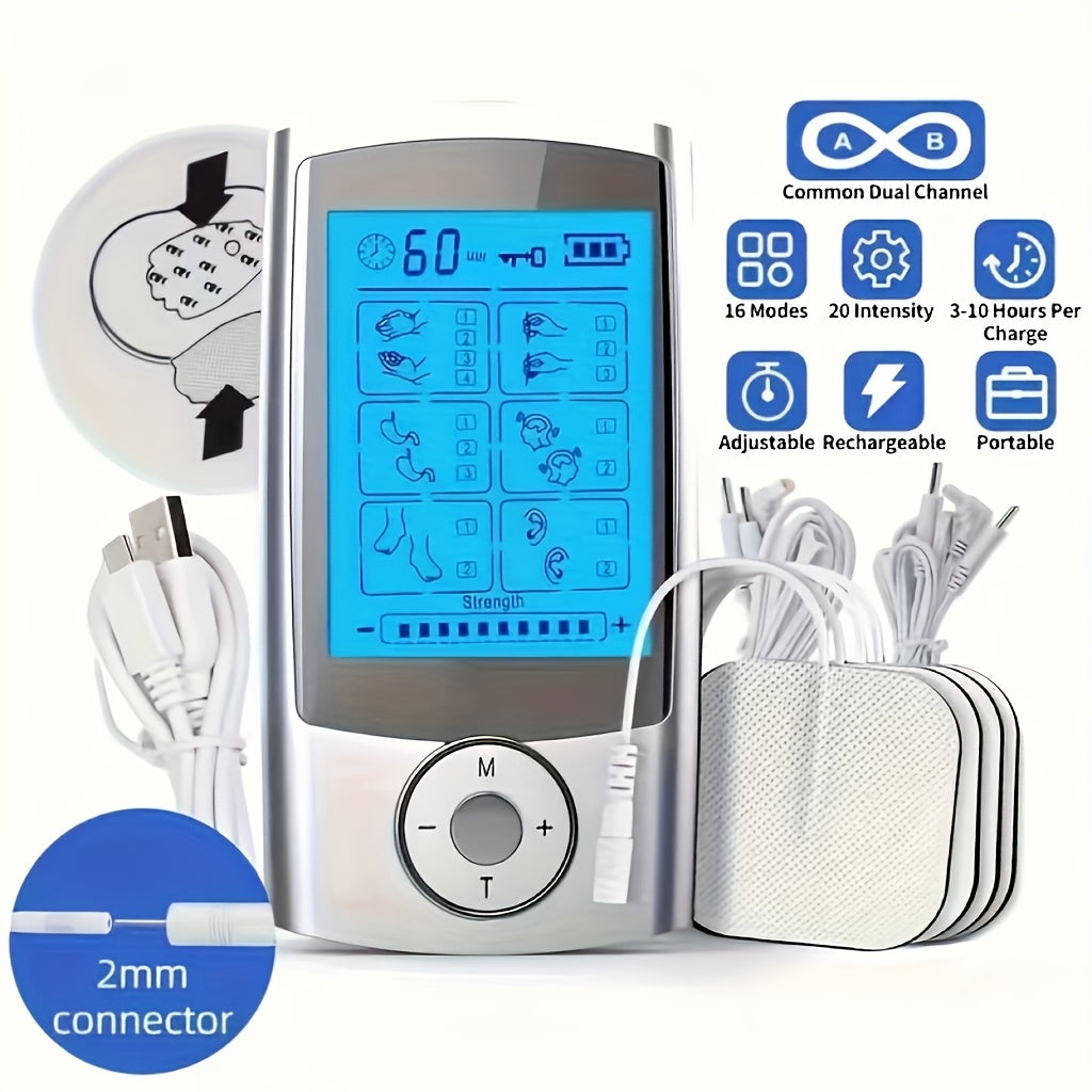 Portable Dual Channel TENS Muscle Stimulator with Digital Display 16 Modes 20 Levels