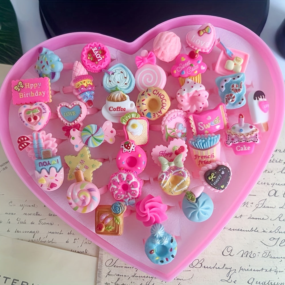 Set of 10 Food-Themed Resin Rings for Girls Age 3-14, Mixed Colors