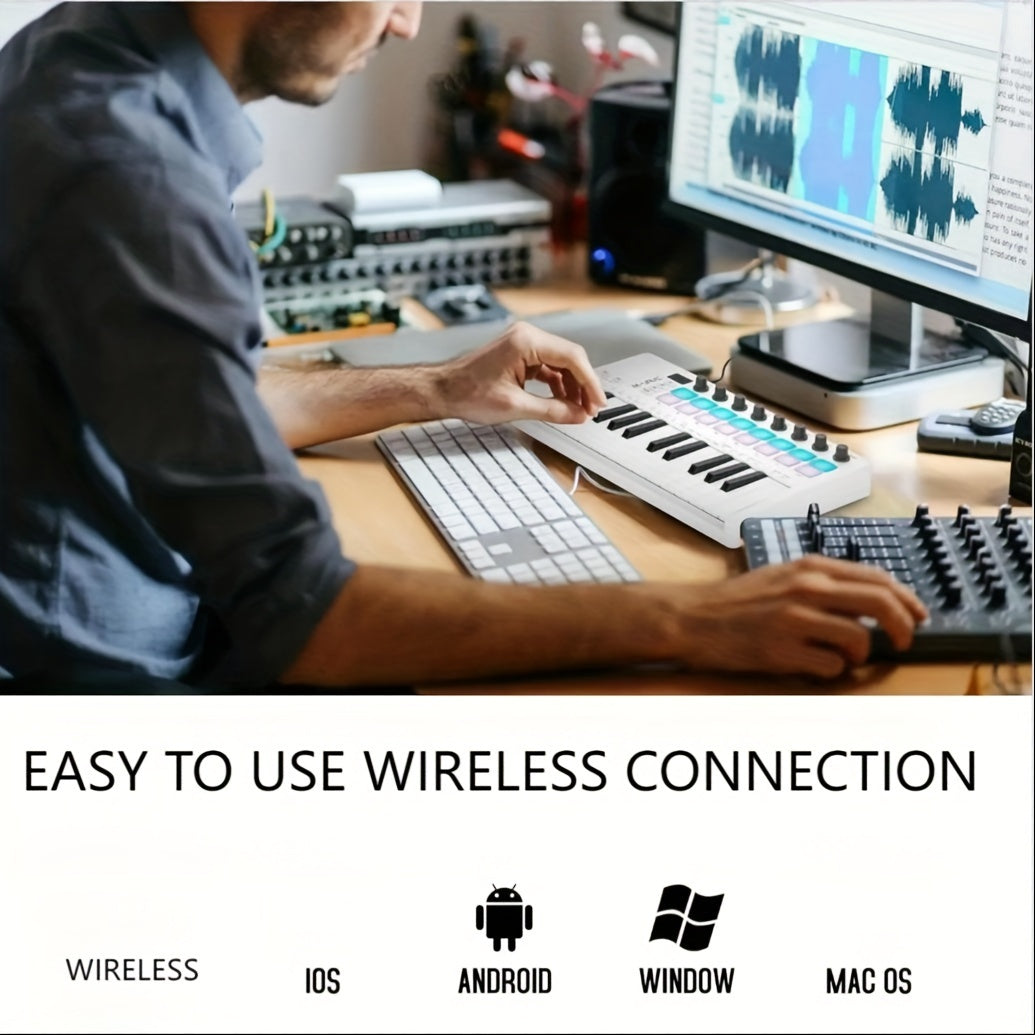 Teclado MIDI inalámbrico con 25 teclas, retroiluminación RGB, codificadores, tira táctil, alimentado por batería