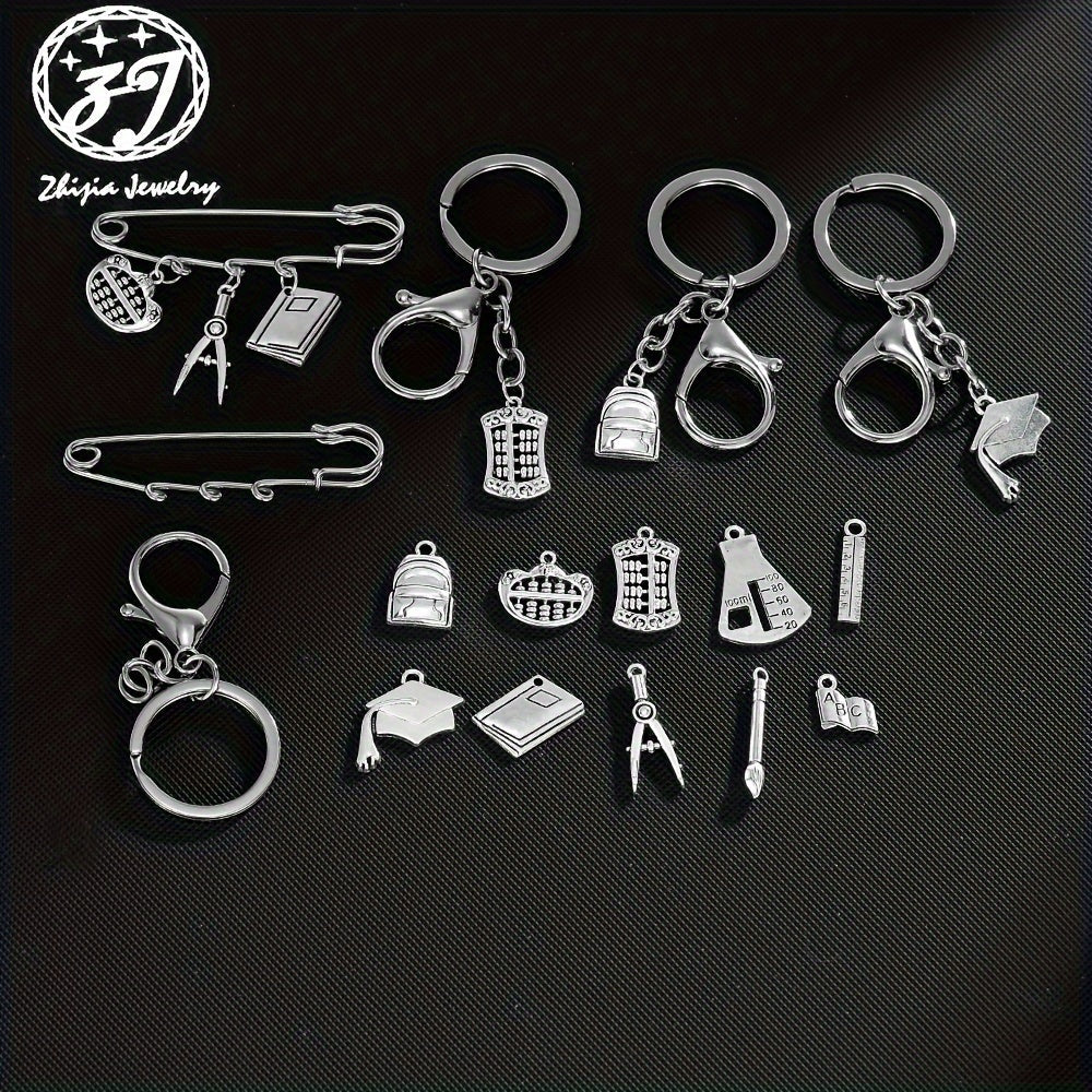 Educational Enamel Lapel Pins and Keychains Set 50 Pcs Assorted Book Ruler Pen Designs